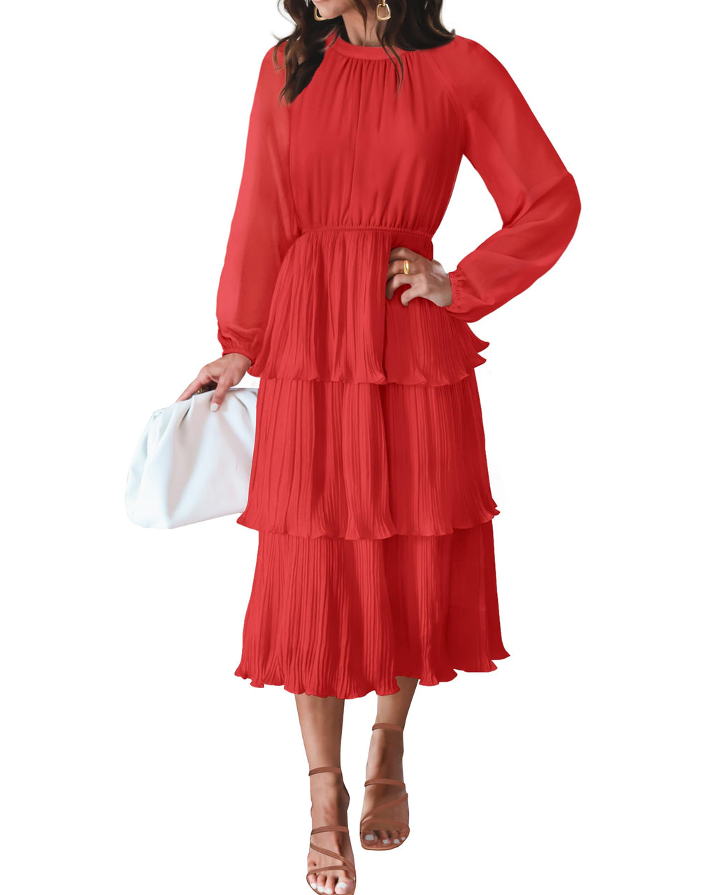 Luxuii Long Sleeve Crew Neck Ruffle Tiered Chiffon Midi Dress