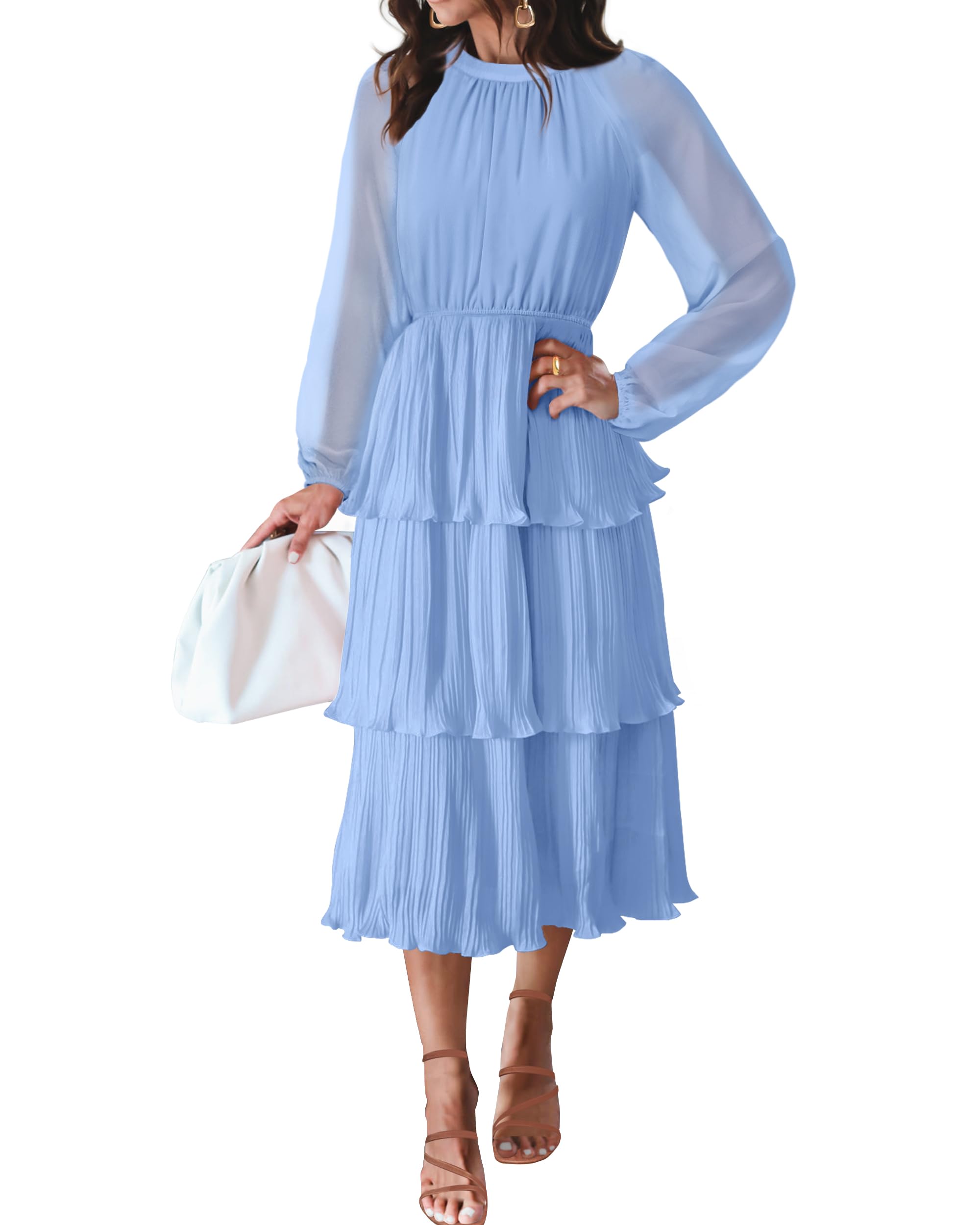 Luxuii Long Sleeve Crew Neck Ruffle Tiered Chiffon Midi Dress