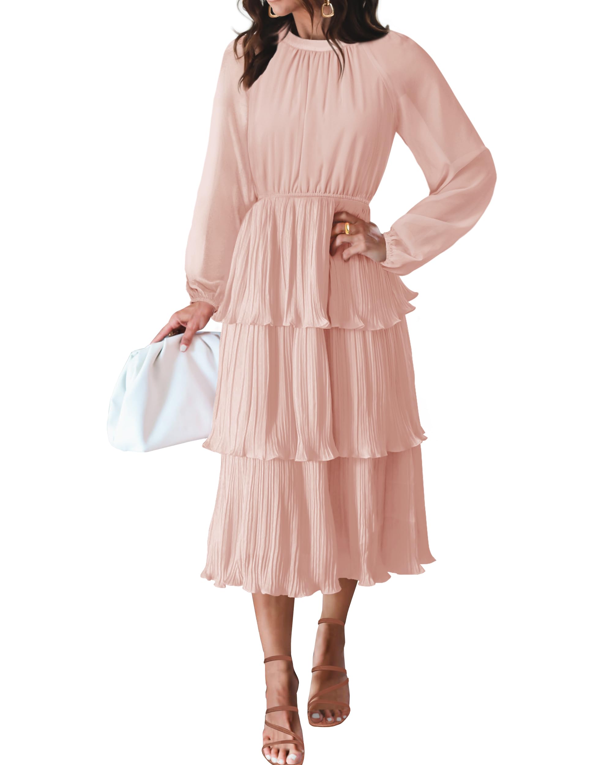 Luxuii Long Sleeve Crew Neck Ruffle Tiered Chiffon Midi Dress