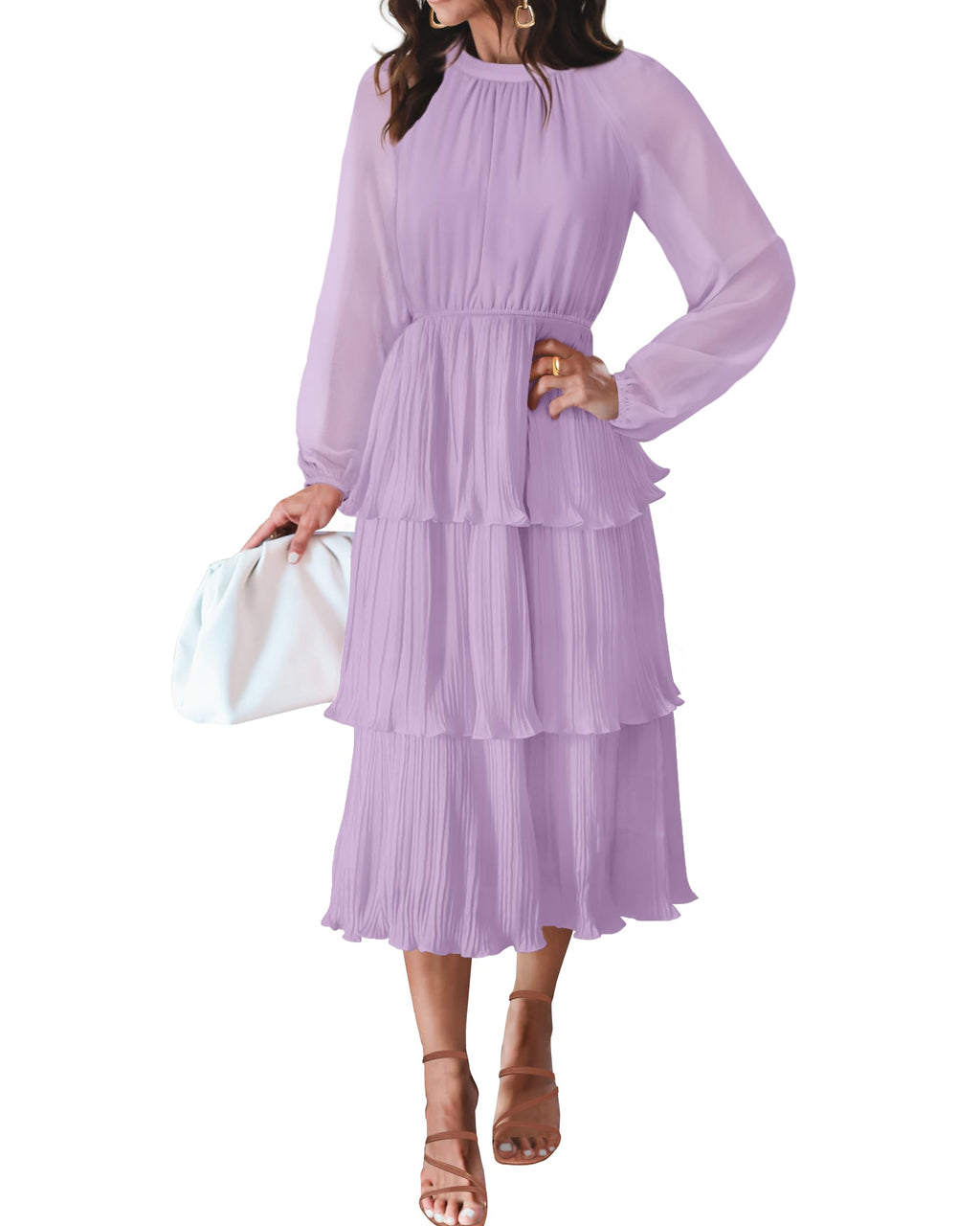 Luxuii Long Sleeve Crew Neck Ruffle Tiered Chiffon Midi Dress