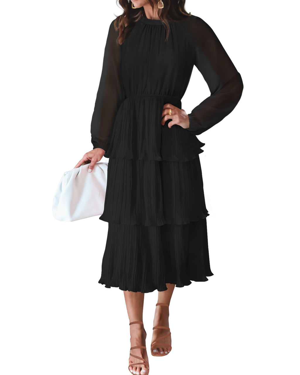 Luxuii Long Sleeve Crew Neck Ruffle Tiered Chiffon Midi Dress