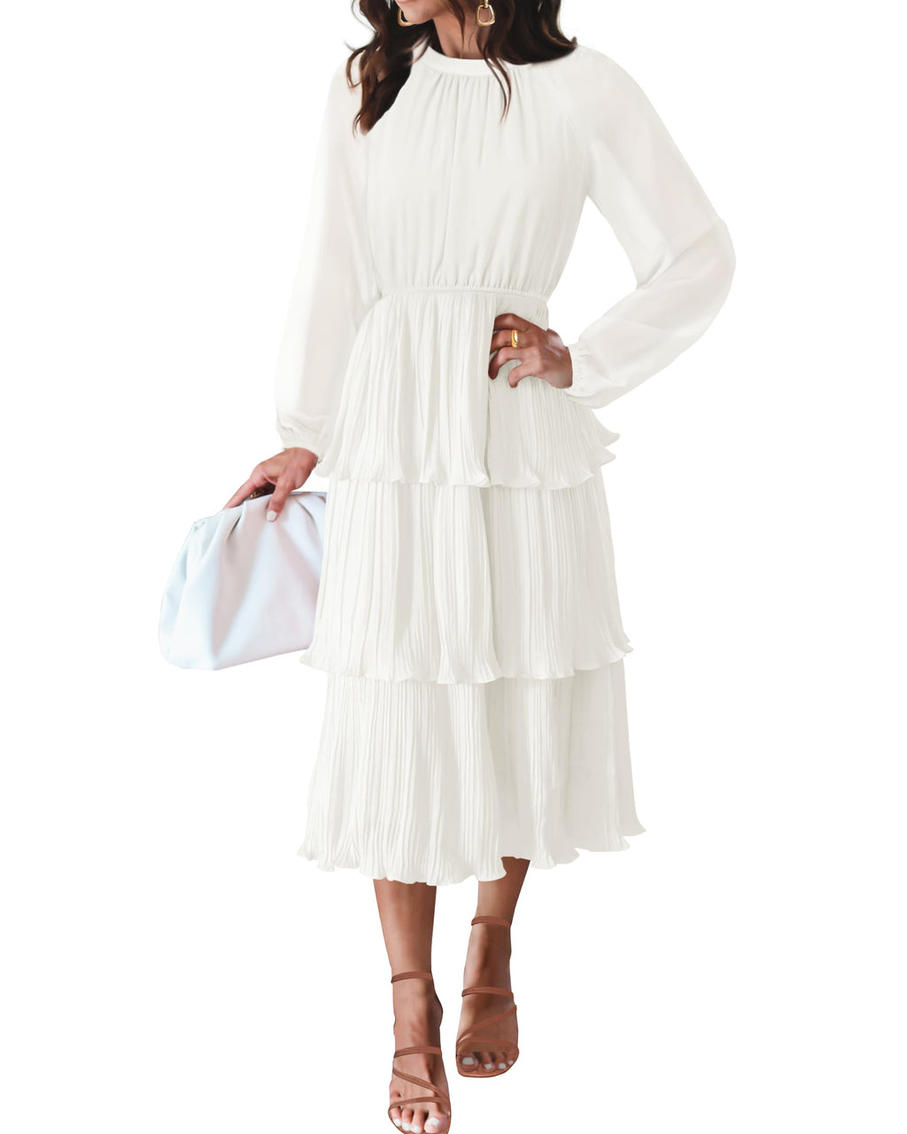 Luxuii Long Sleeve Crew Neck Ruffle Tiered Chiffon Midi Dress
