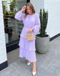 Luxuii Long Sleeve Crew Neck Ruffle Tiered Chiffon Midi Dress
