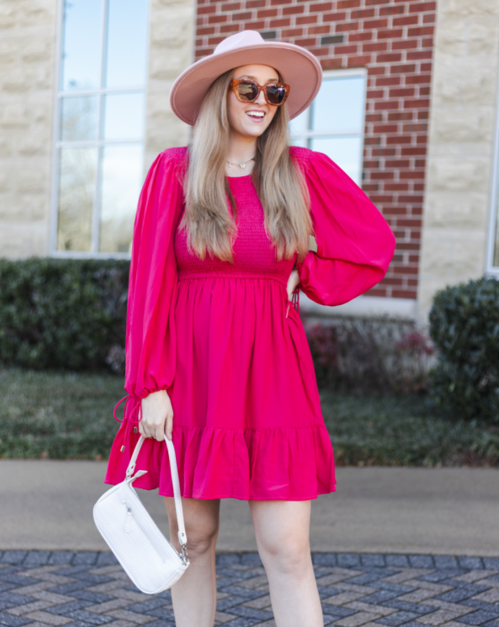 Luxuii Long Sleeve Crew Neck Smocked Tiered Mini Dress