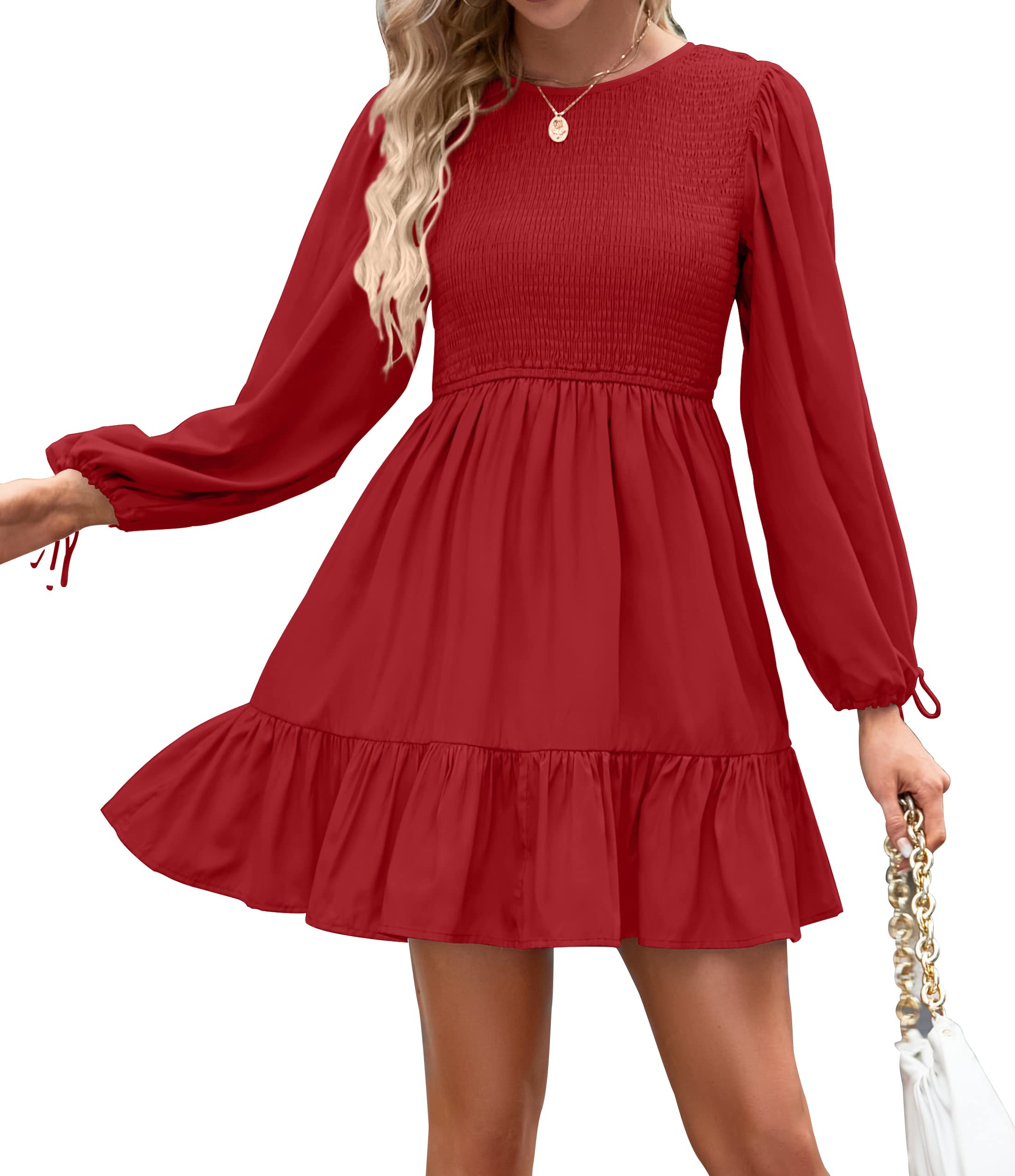 Luxuii Long Sleeve Crew Neck Smocked Tiered Mini Dress