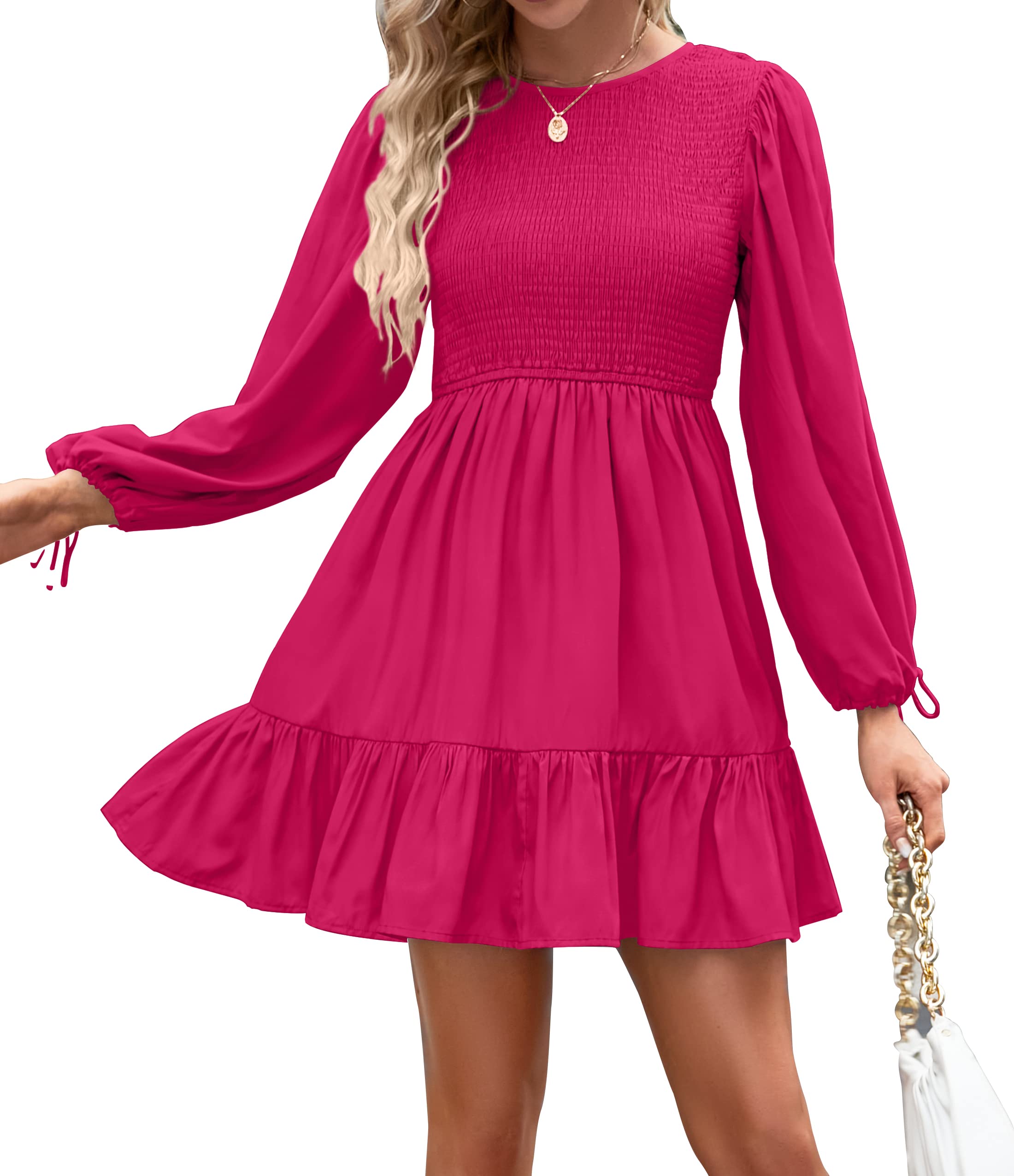 Luxuii Long Sleeve Crew Neck Smocked Tiered Mini Dress