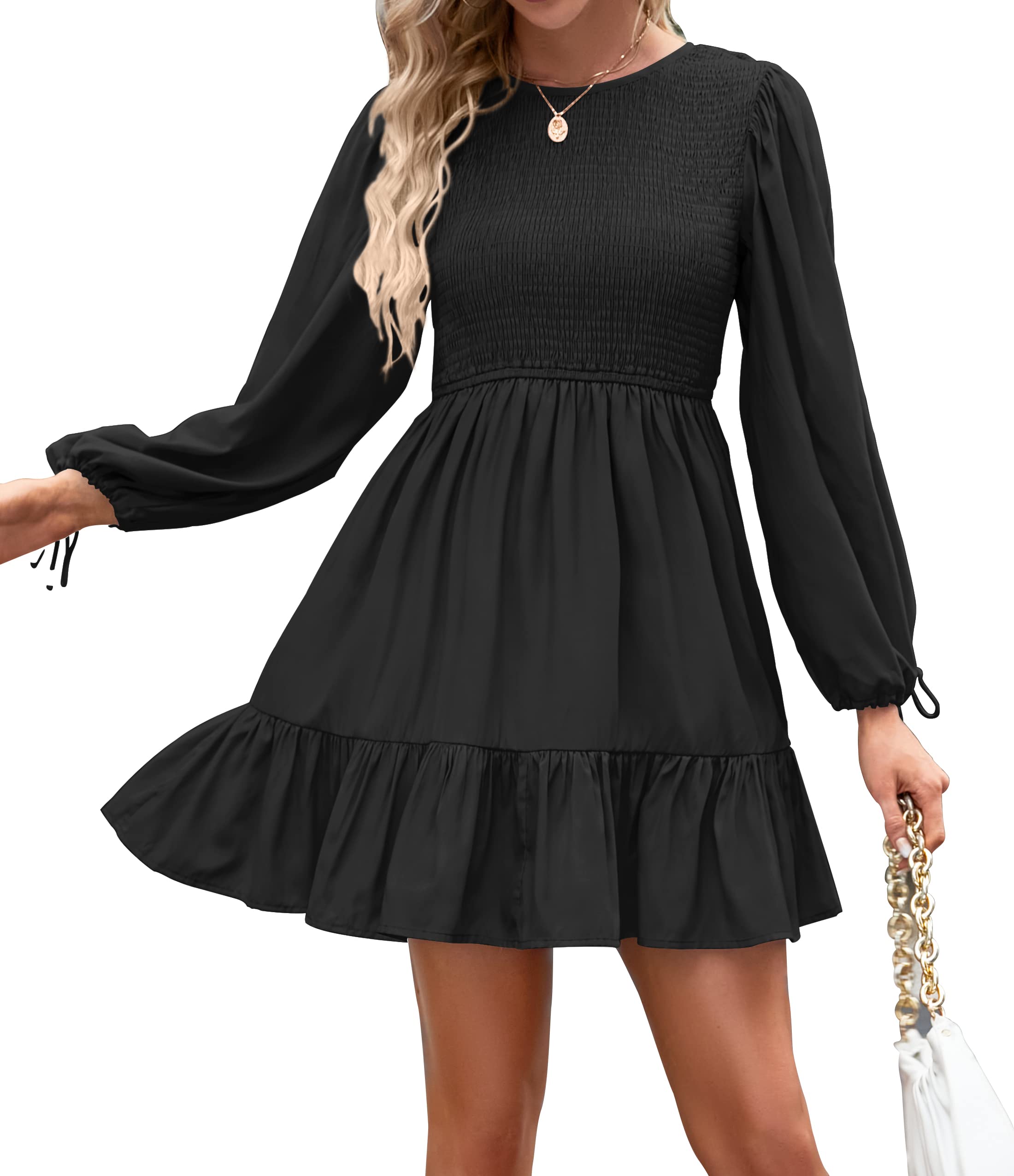 Luxuii Long Sleeve Crew Neck Smocked Tiered Mini Dress