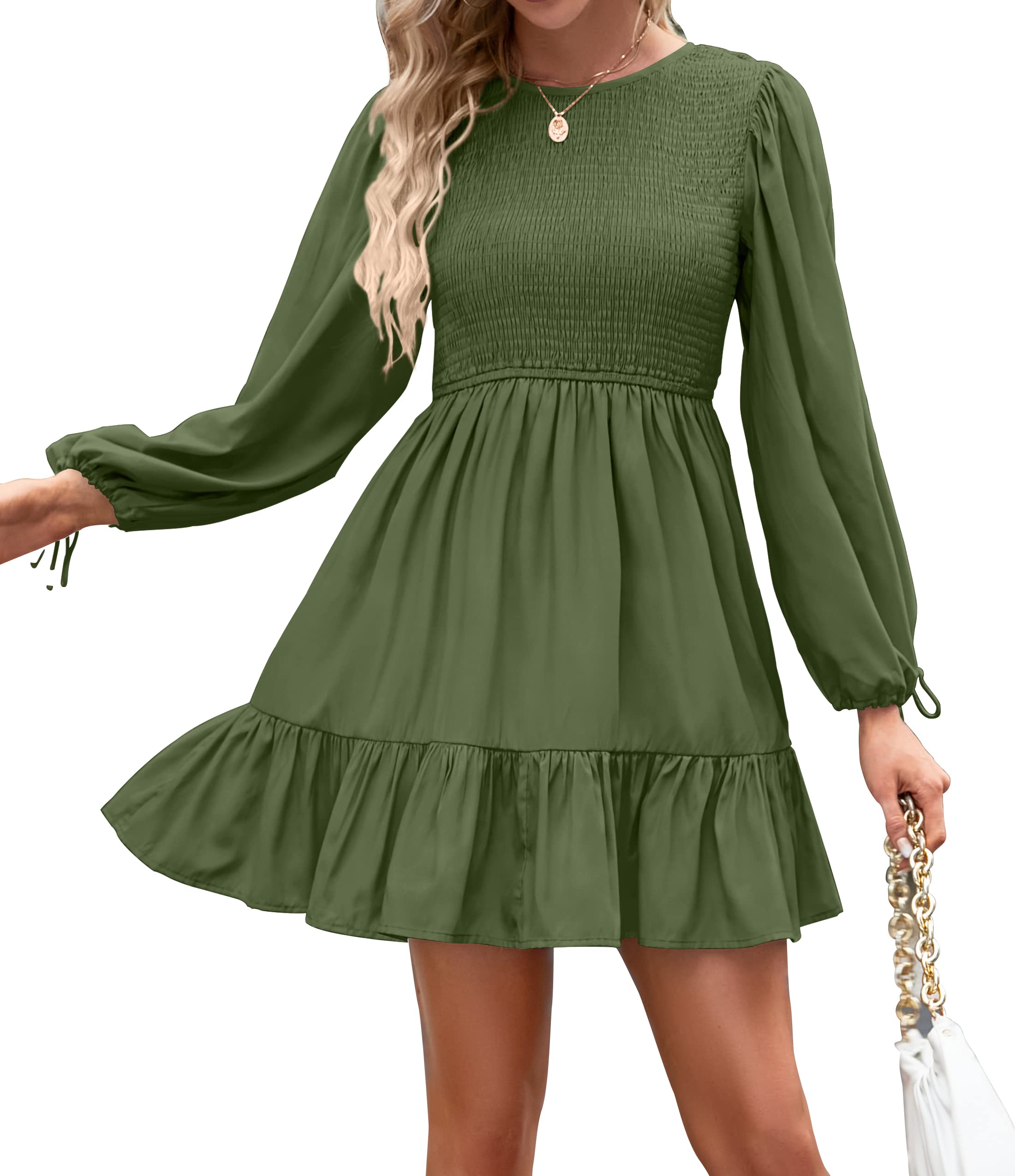 Luxuii Long Sleeve Crew Neck Smocked Tiered Mini Dress