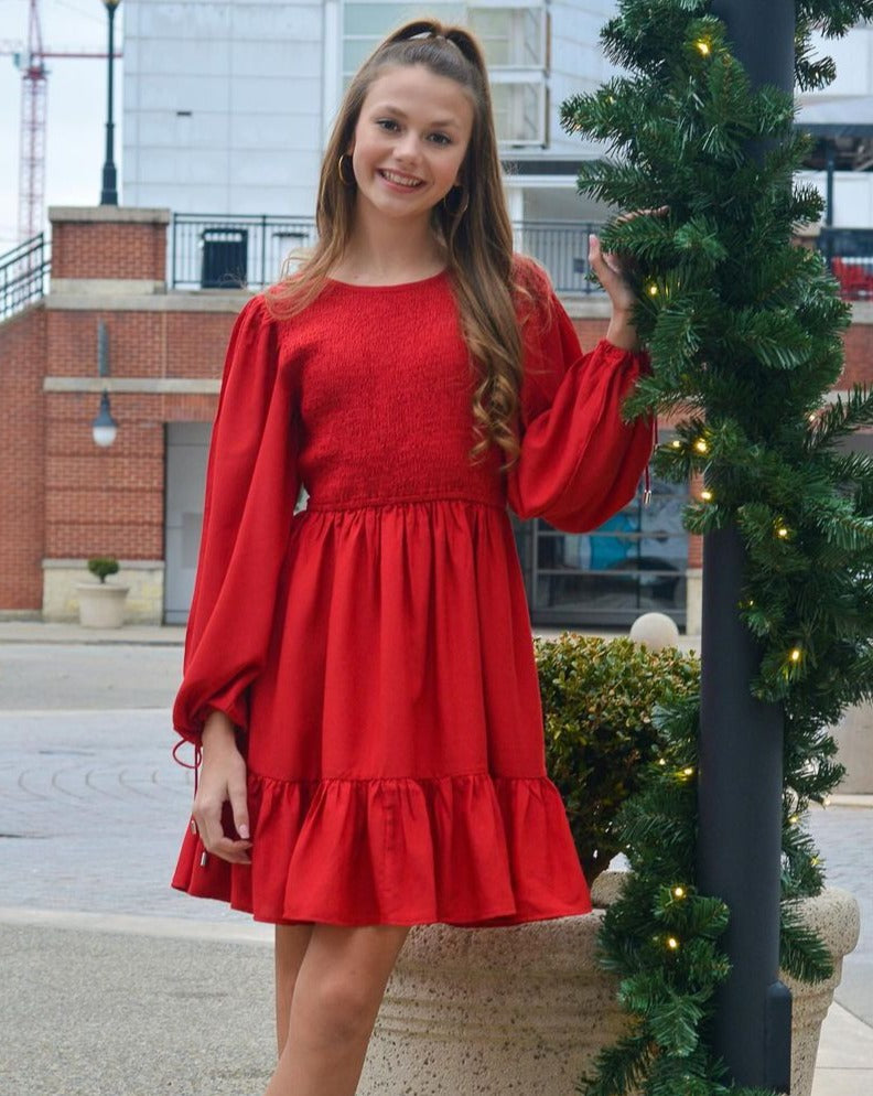 Luxuii Long Sleeve Crew Neck Smocked Tiered Mini Dress
