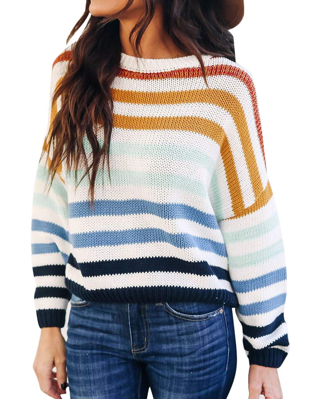 Luxuii Long Sleeve Crew Neck Striped Color Block Loose Sweater