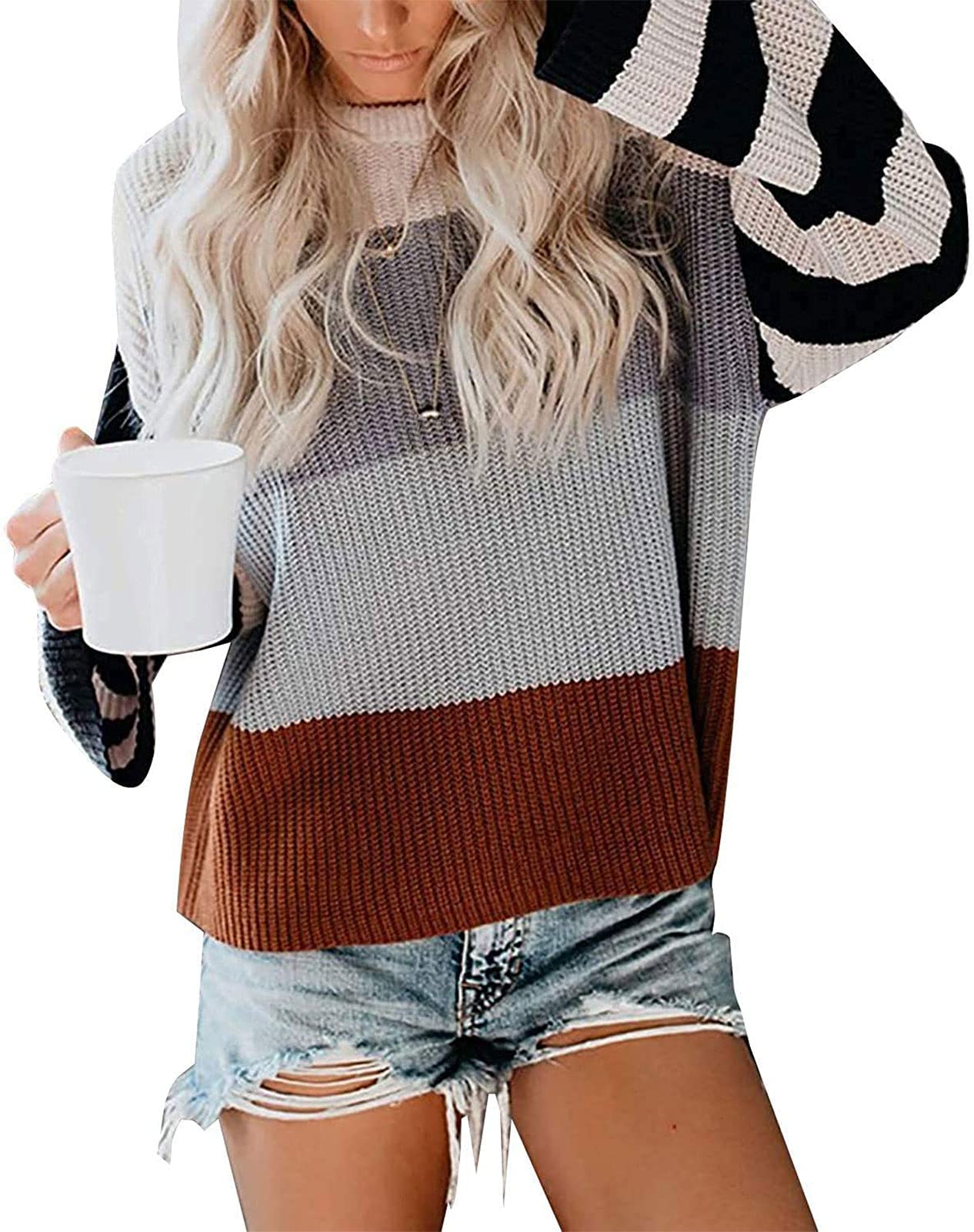 Luxuii Long Sleeve Crew Neck Striped Color Block Loose Sweater