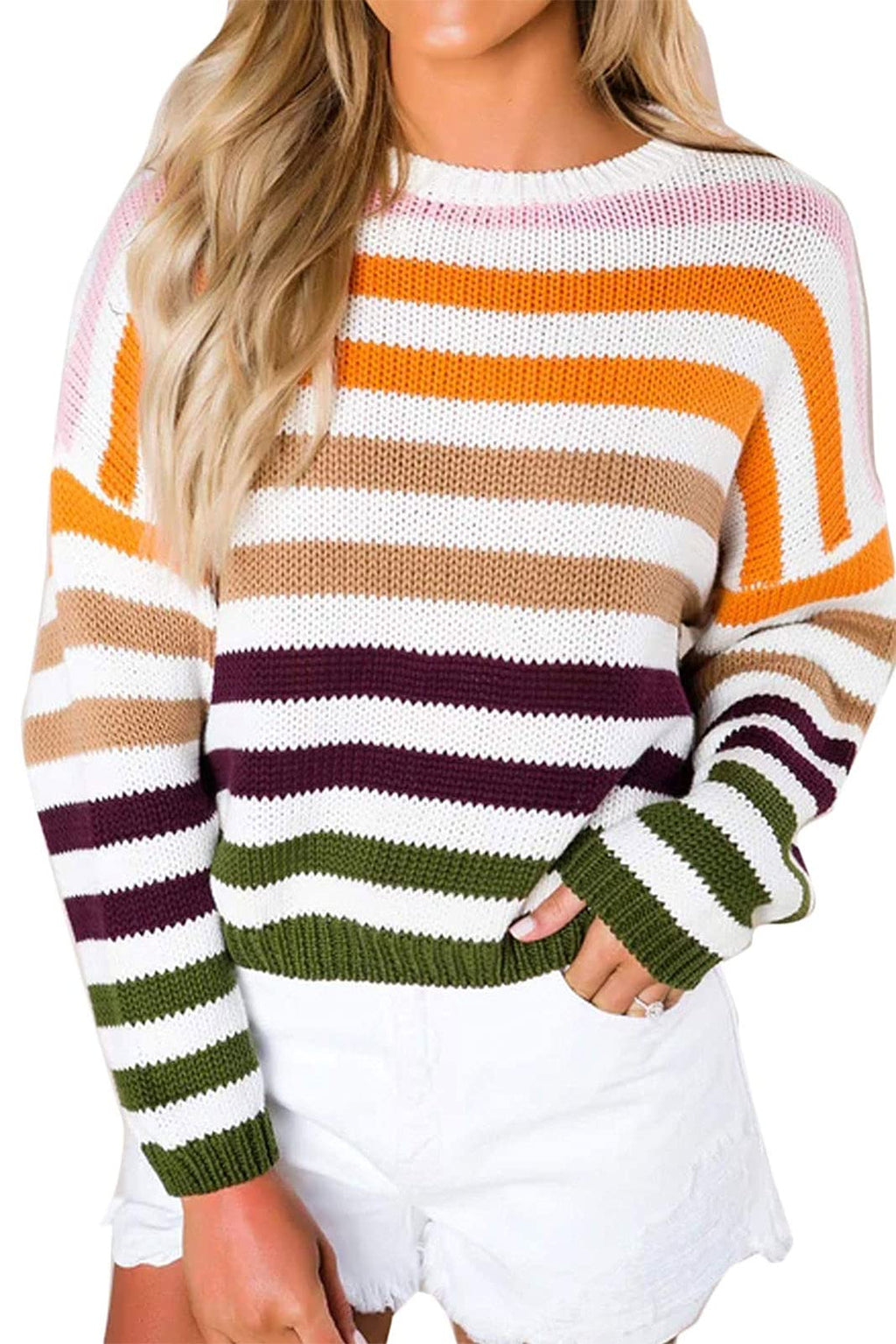 Luxuii Long Sleeve Crew Neck Striped Color Block Loose Sweater