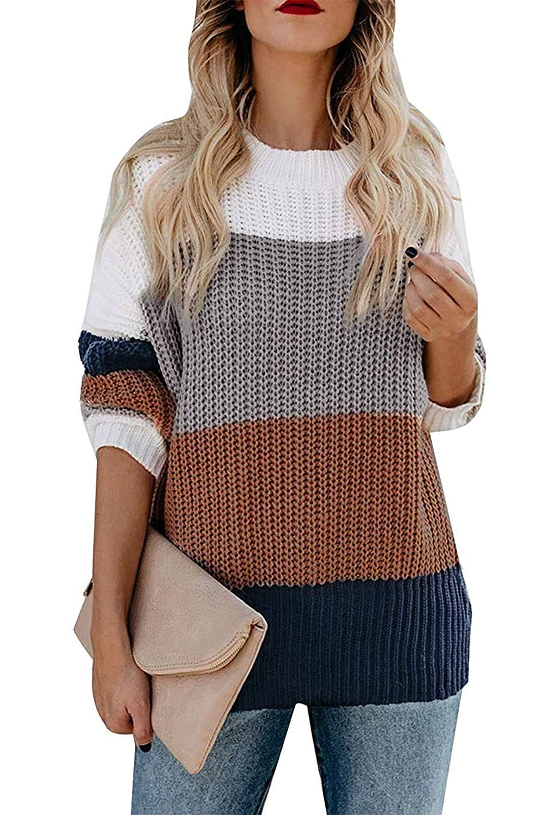 Luxuii Long Sleeve Crew Neck Striped Color Block Loose Sweater