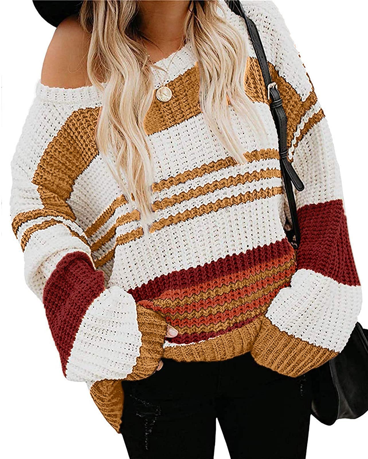 Luxuii Long Sleeve Crew Neck Striped Color Block Loose Sweater
