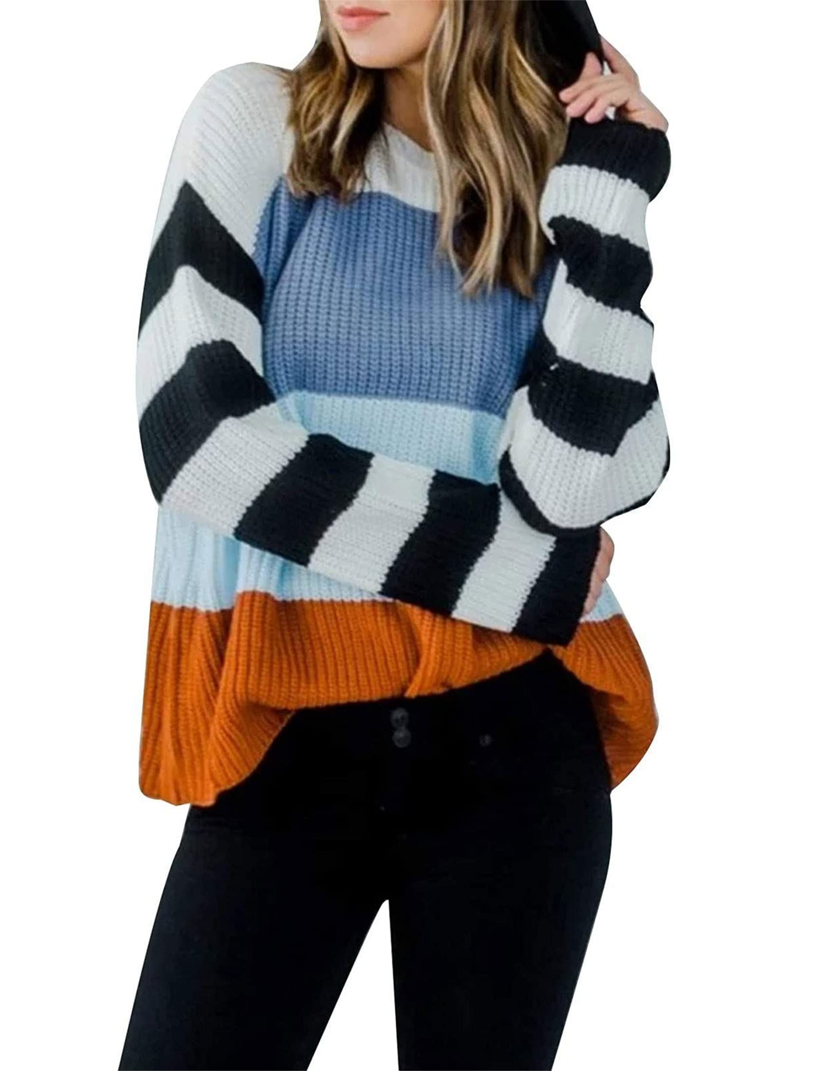 Luxuii Long Sleeve Crew Neck Striped Color Block Loose Sweater