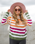 Luxuii Long Sleeve Crew Neck Striped Color Block Loose Sweater