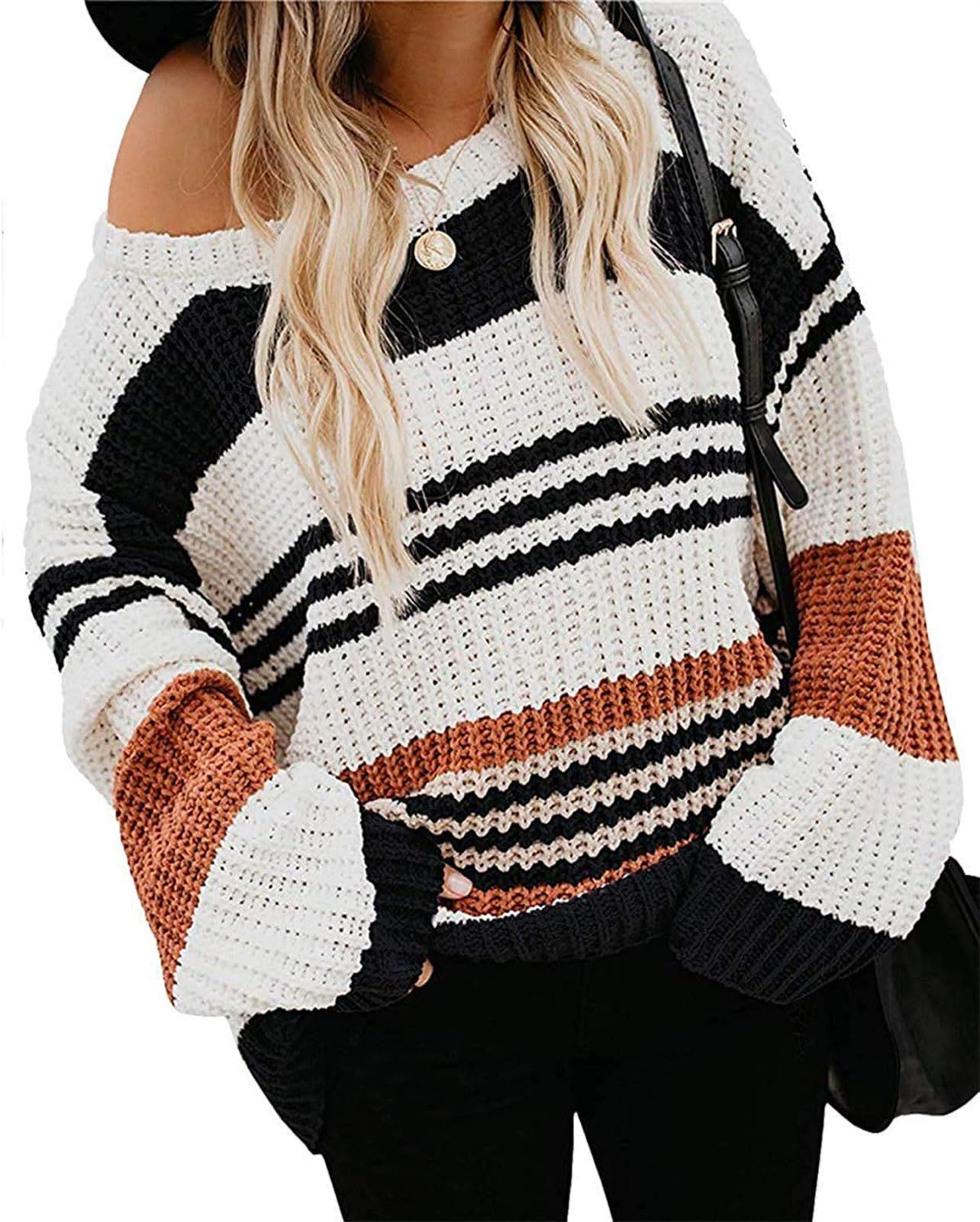 Luxuii Long Sleeve Crew Neck Striped Color Block Loose Sweater