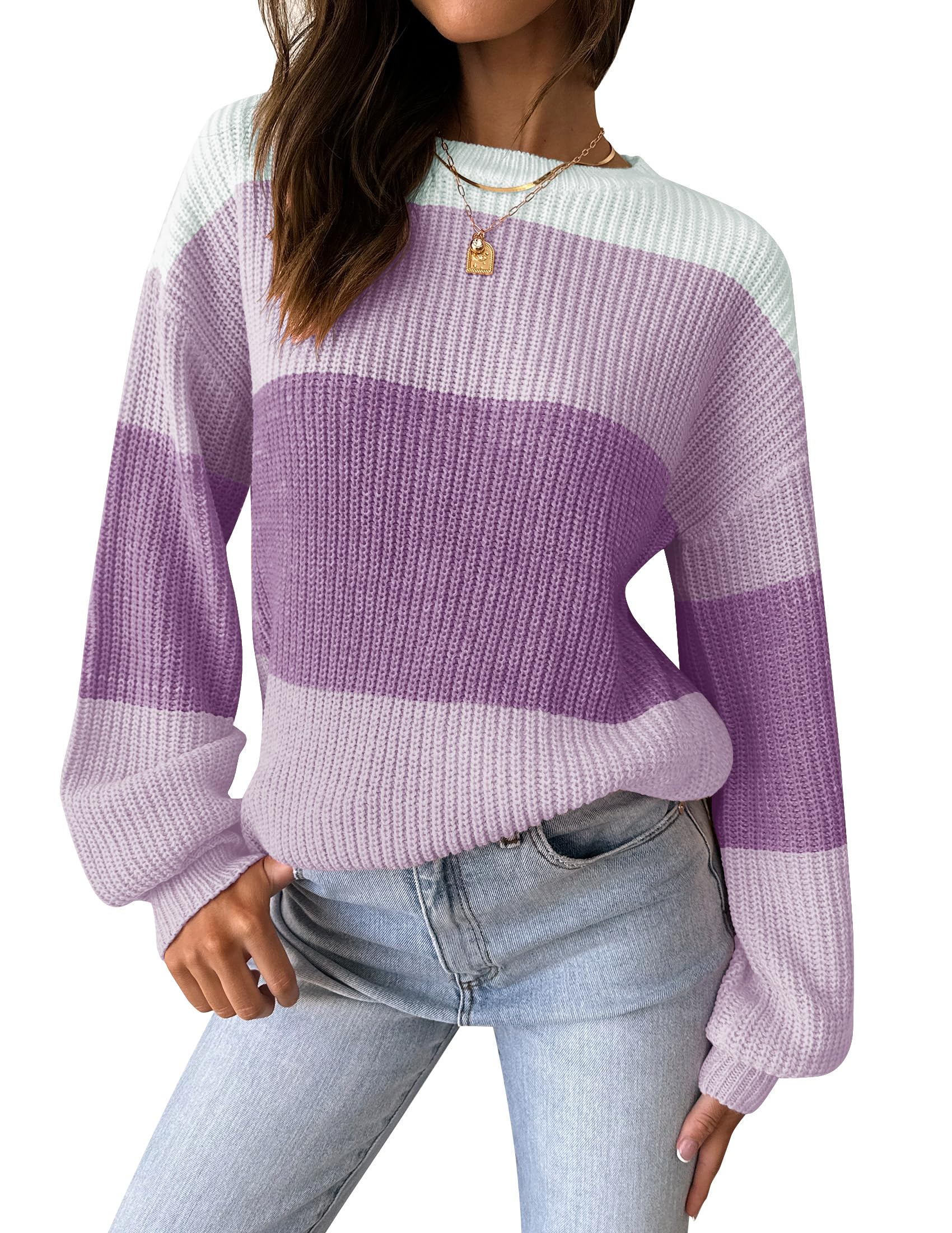 Luxuii Long Sleeve Crew Neck Striped Color Block Oversized Sweater