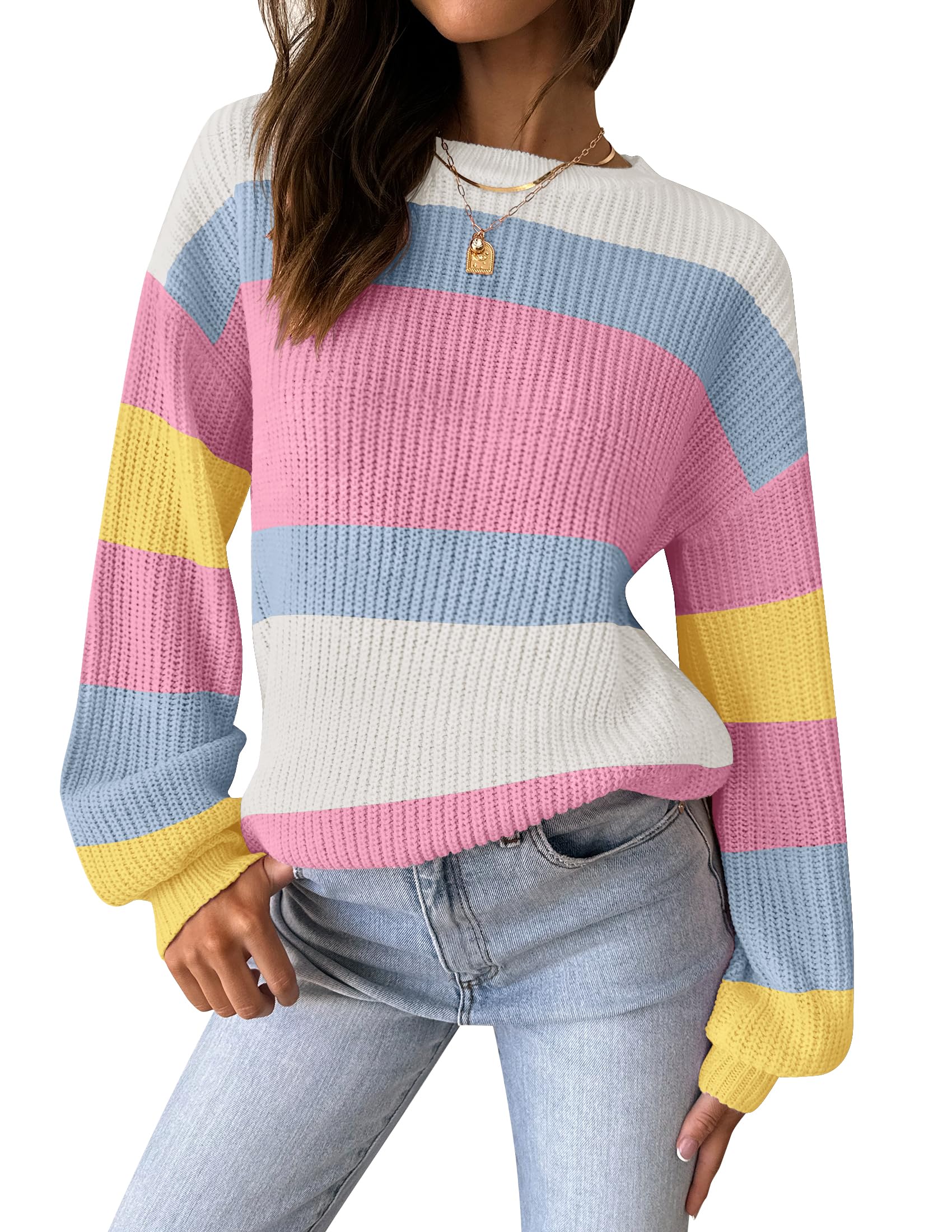 Luxuii Long Sleeve Crew Neck Striped Color Block Oversized Sweater
