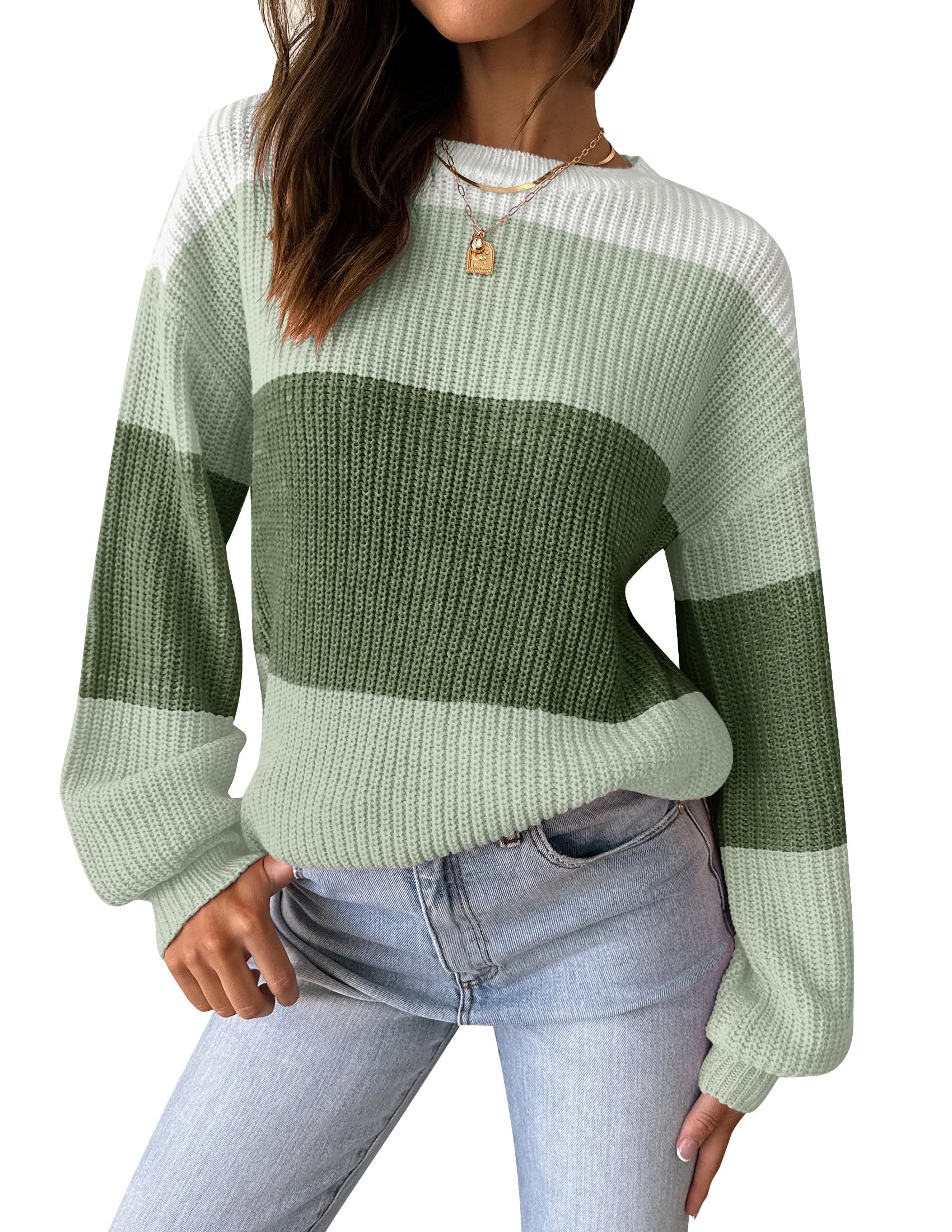 Luxuii Long Sleeve Crew Neck Striped Color Block Oversized Sweater