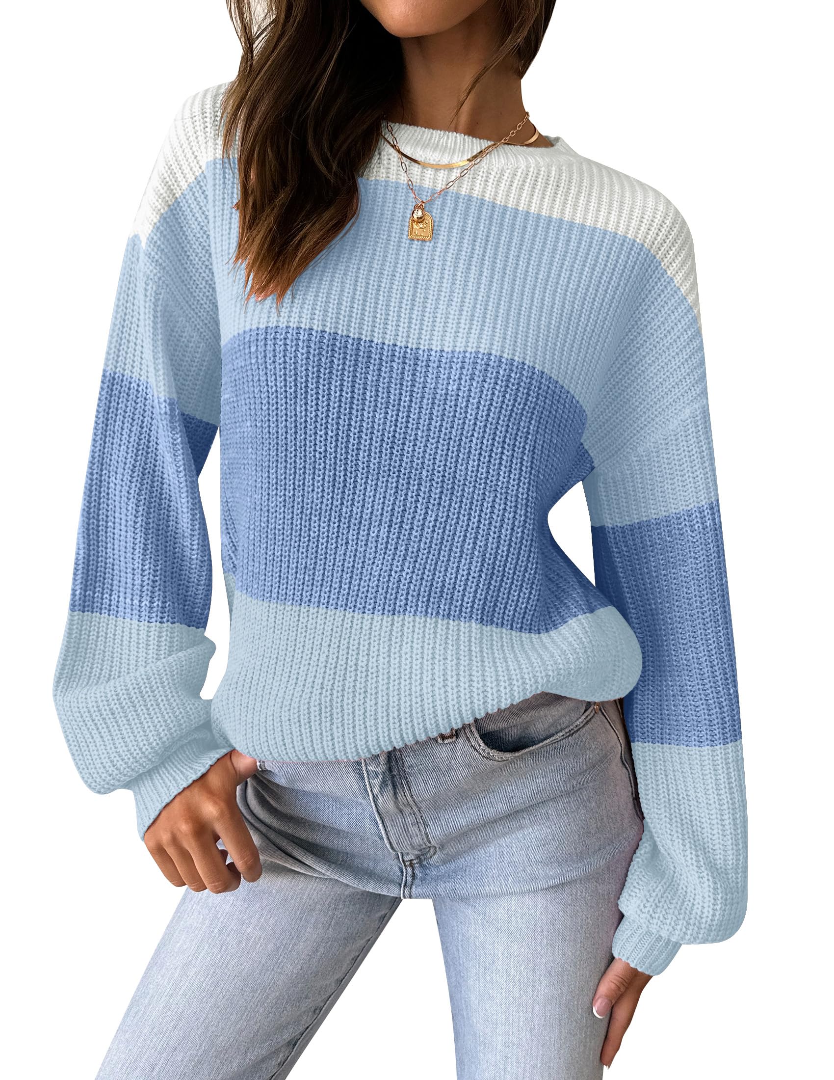 Luxuii Long Sleeve Crew Neck Striped Color Block Oversized Sweater
