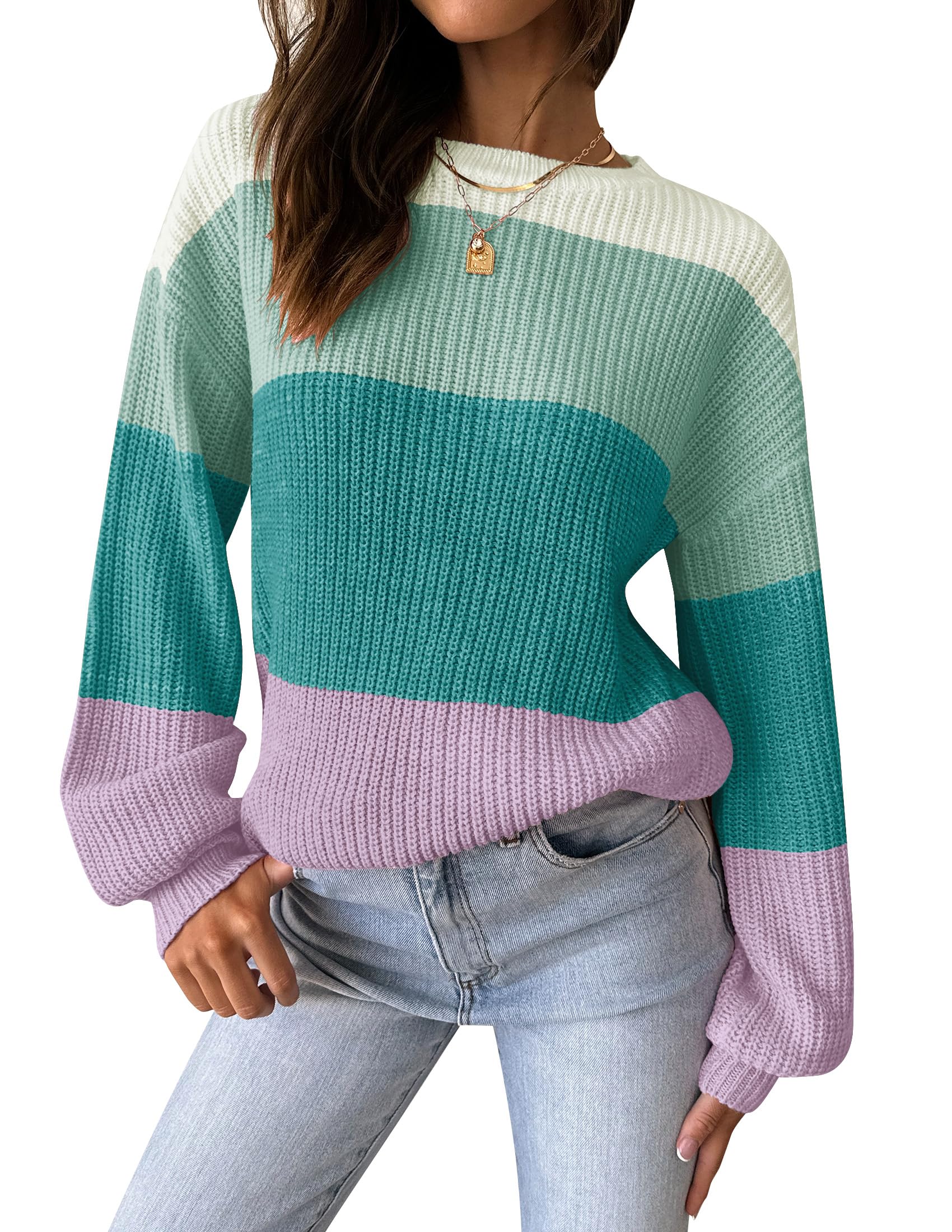 Luxuii Long Sleeve Crew Neck Striped Color Block Oversized Sweater