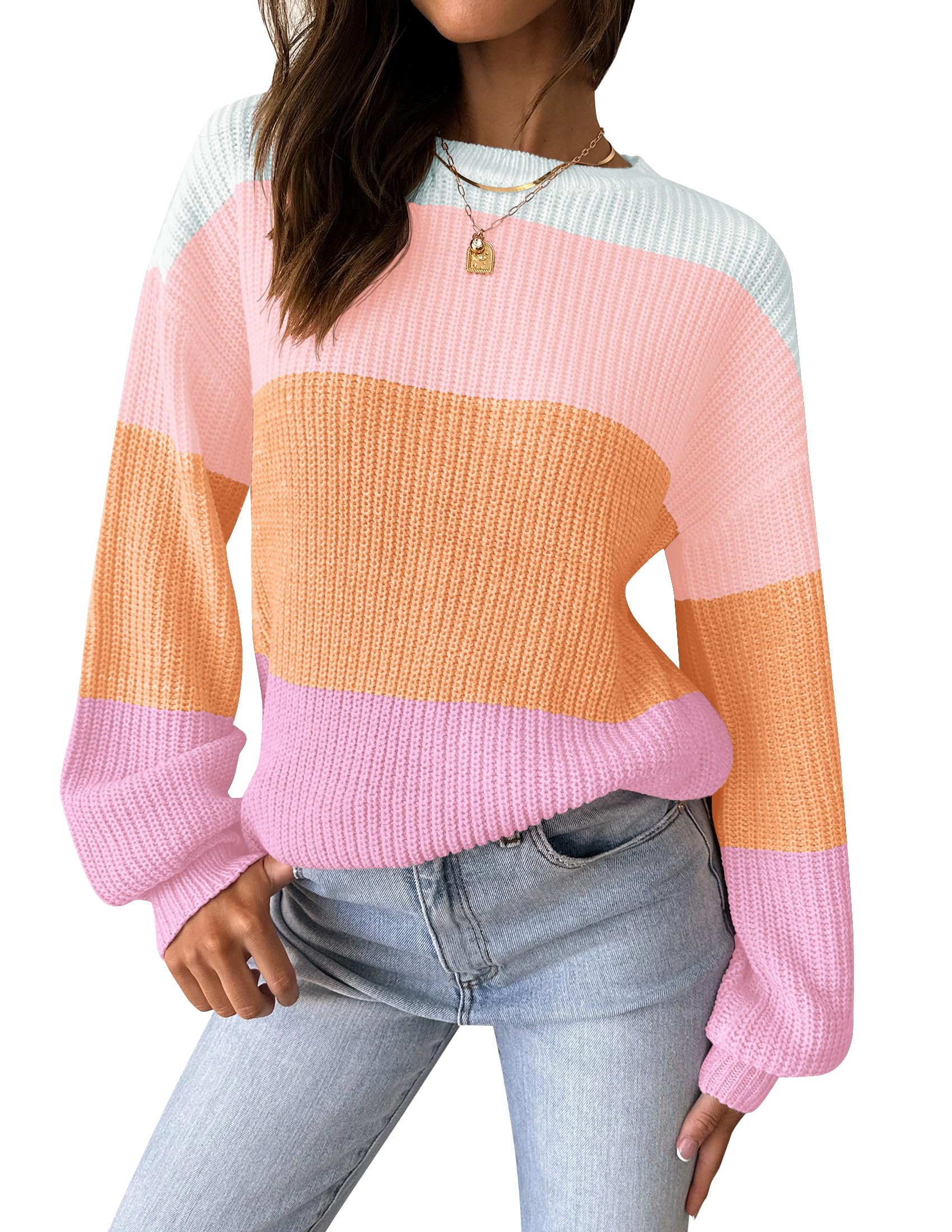 Luxuii Long Sleeve Crew Neck Striped Color Block Oversized Sweater