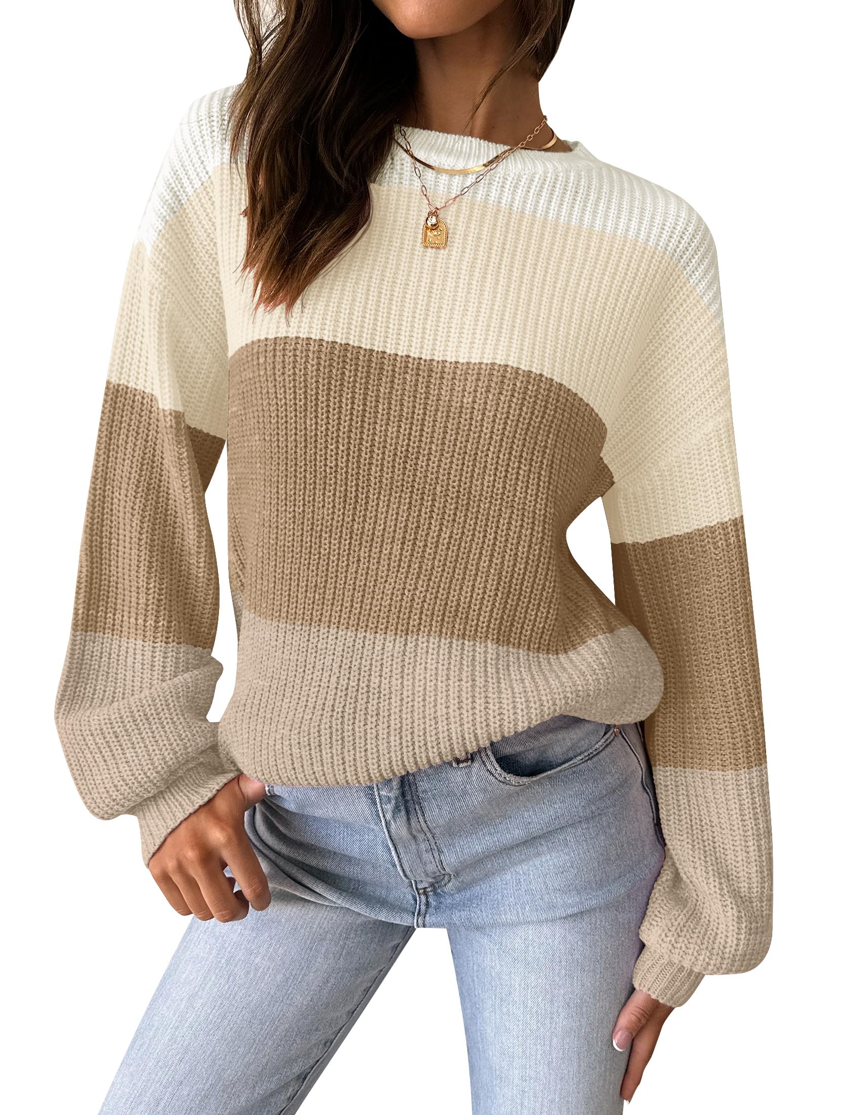Luxuii Long Sleeve Crew Neck Striped Color Block Oversized Sweater