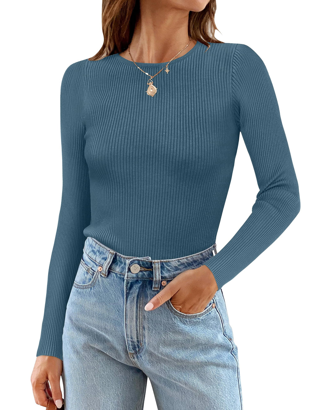 Luxuii Long Sleeve Crewneck Ribbed Knit Top