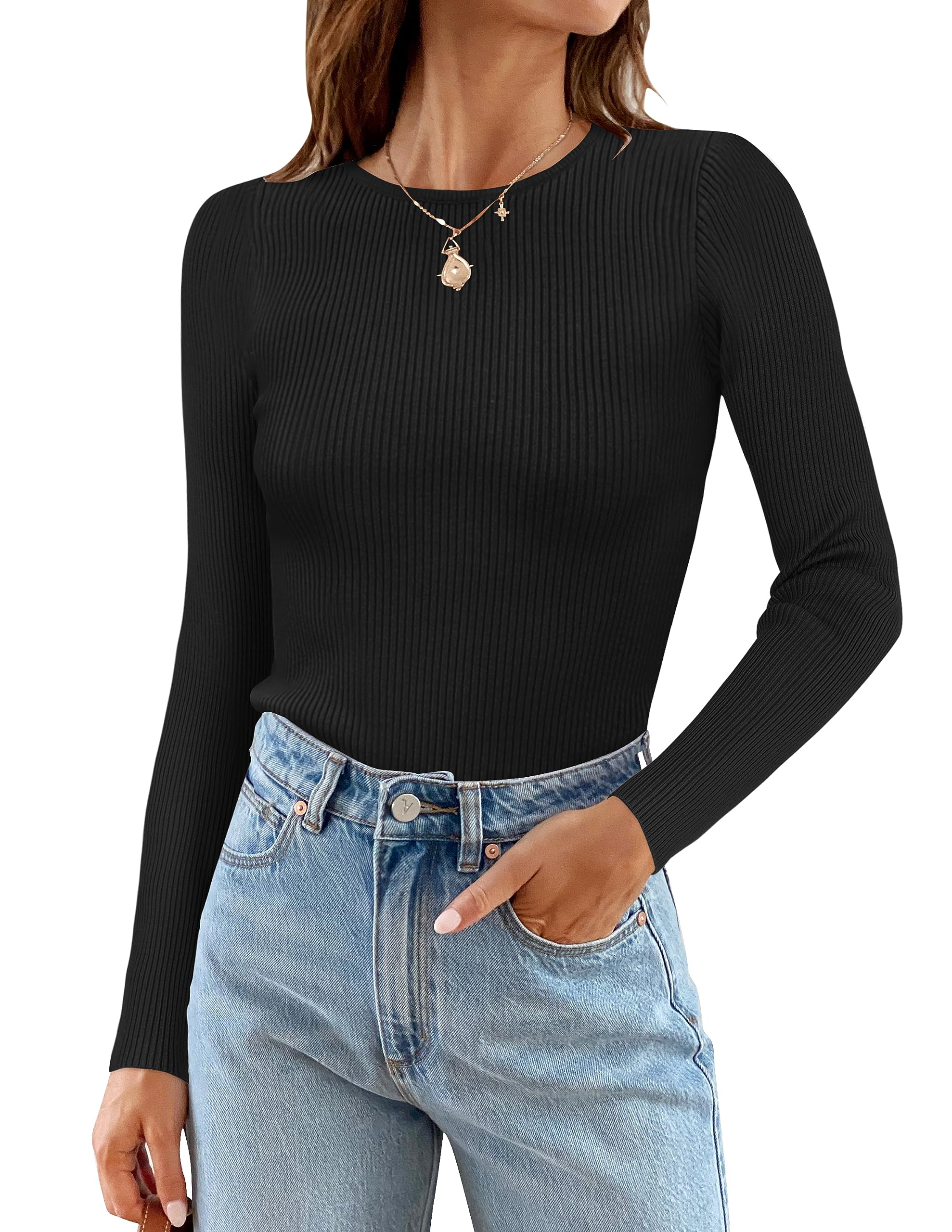 Luxuii Long Sleeve Crewneck Ribbed Knit Top