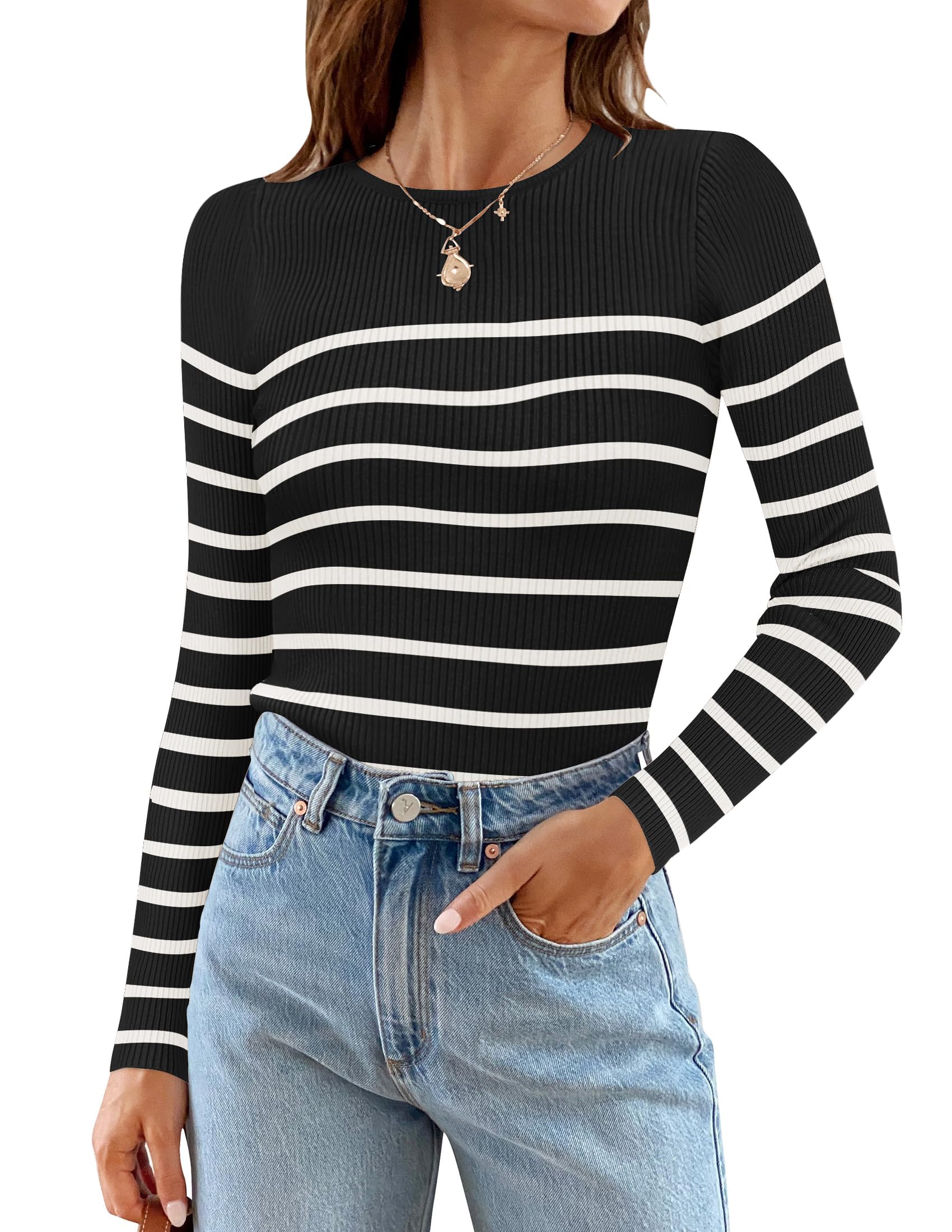Luxuii Long Sleeve Crewneck Striped Ribbed Knit Top