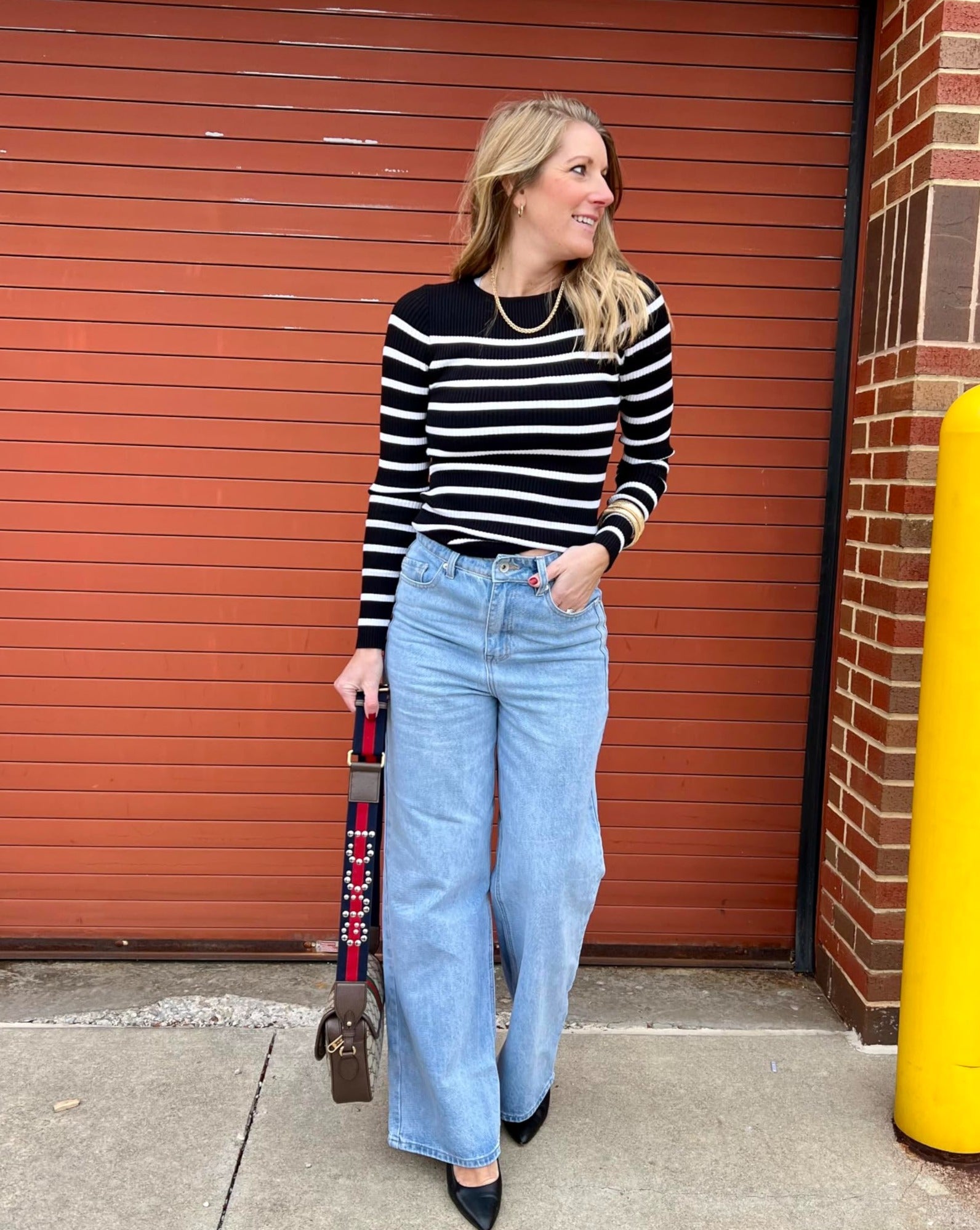 Luxuii Long Sleeve Crewneck Striped Ribbed Knit Top