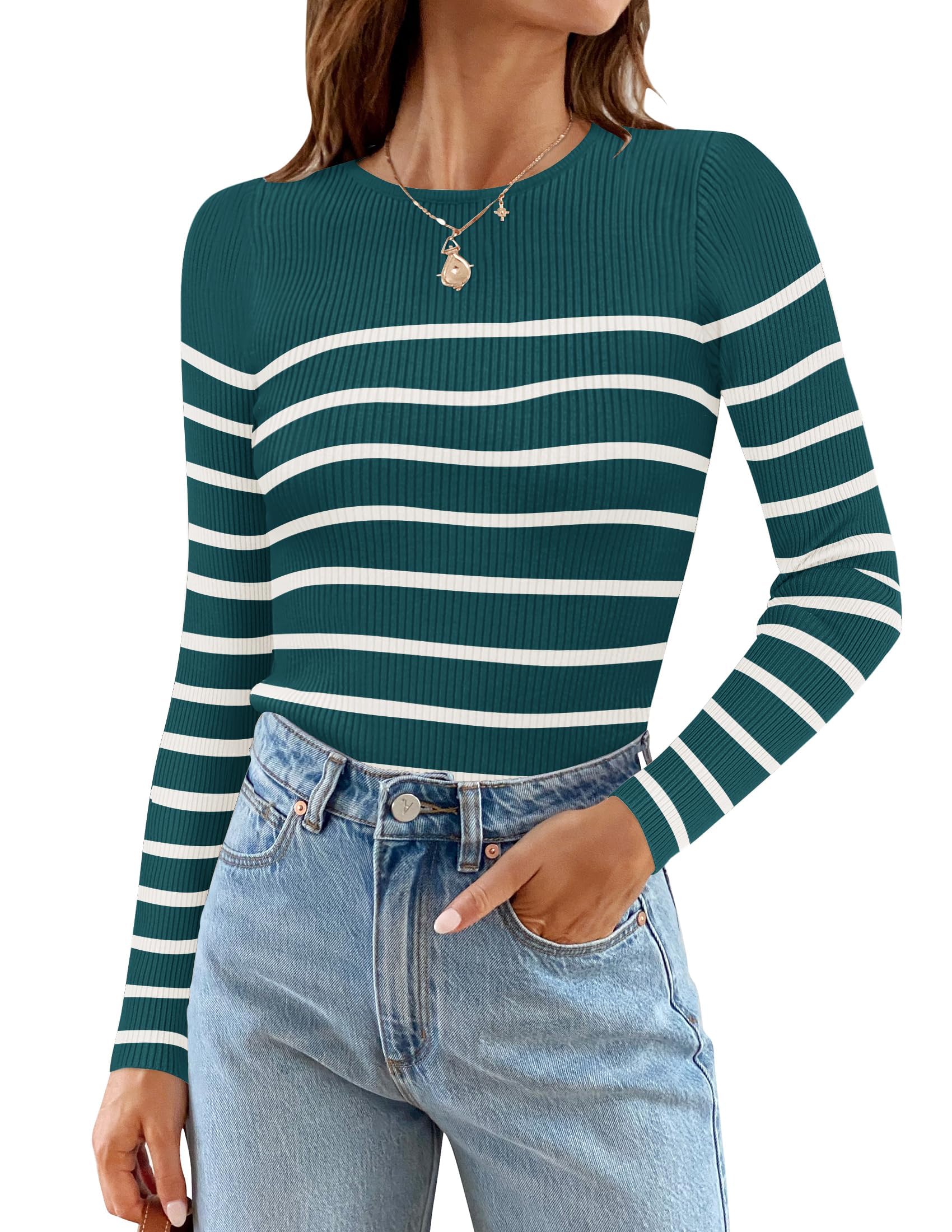 Luxuii Long Sleeve Crewneck Striped Ribbed Knit Top