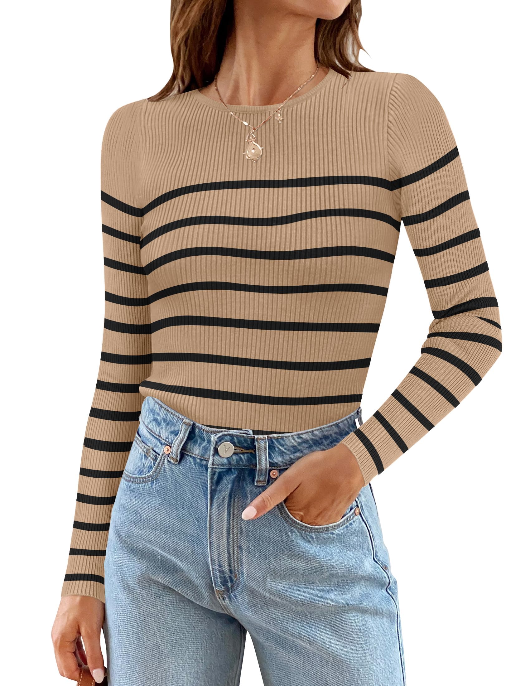 Luxuii Long Sleeve Crewneck Striped Ribbed Knit Top