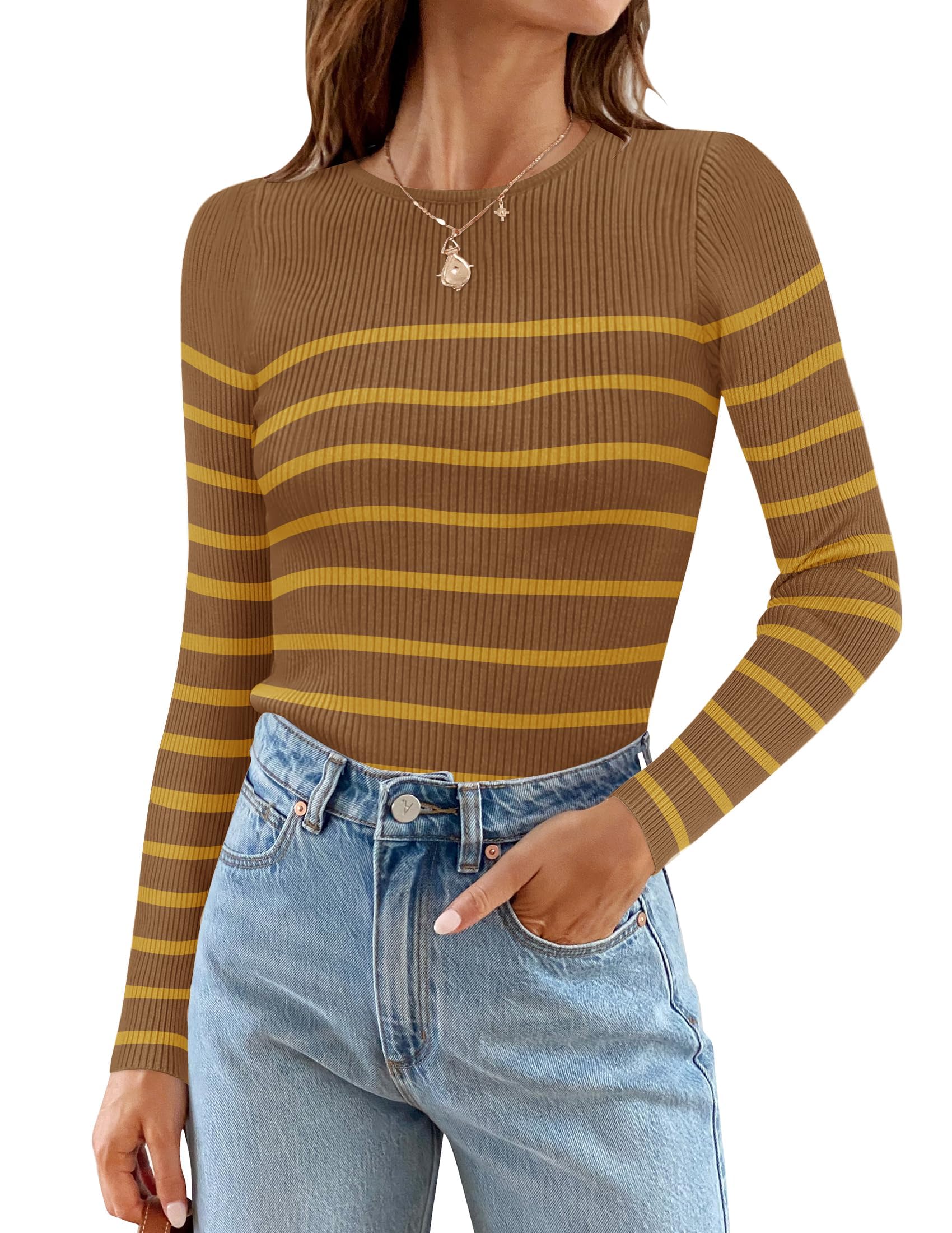 Luxuii Long Sleeve Crewneck Striped Ribbed Knit Top