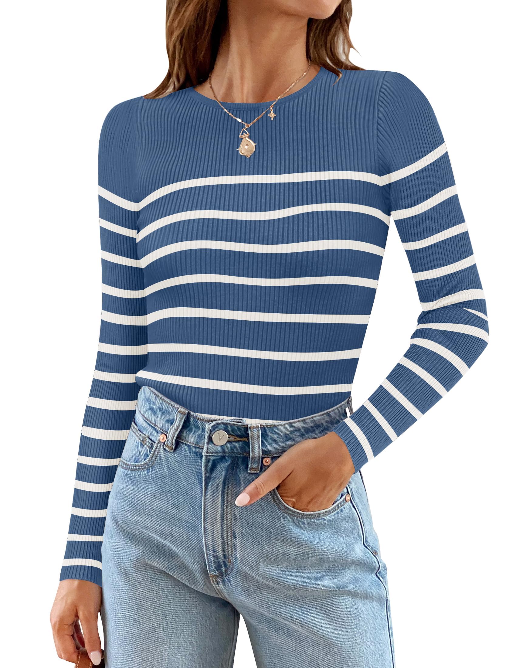 Luxuii Long Sleeve Crewneck Striped Ribbed Knit Top