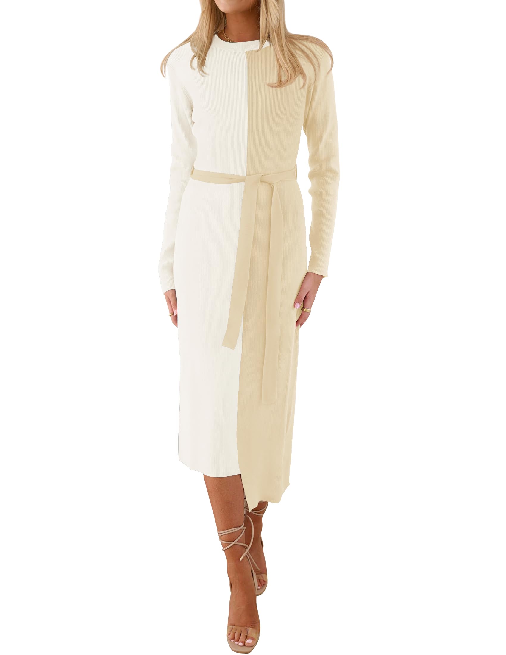 Luxuii Long Sleeve Crewneck Tie Waist Ribbed Midi Dress