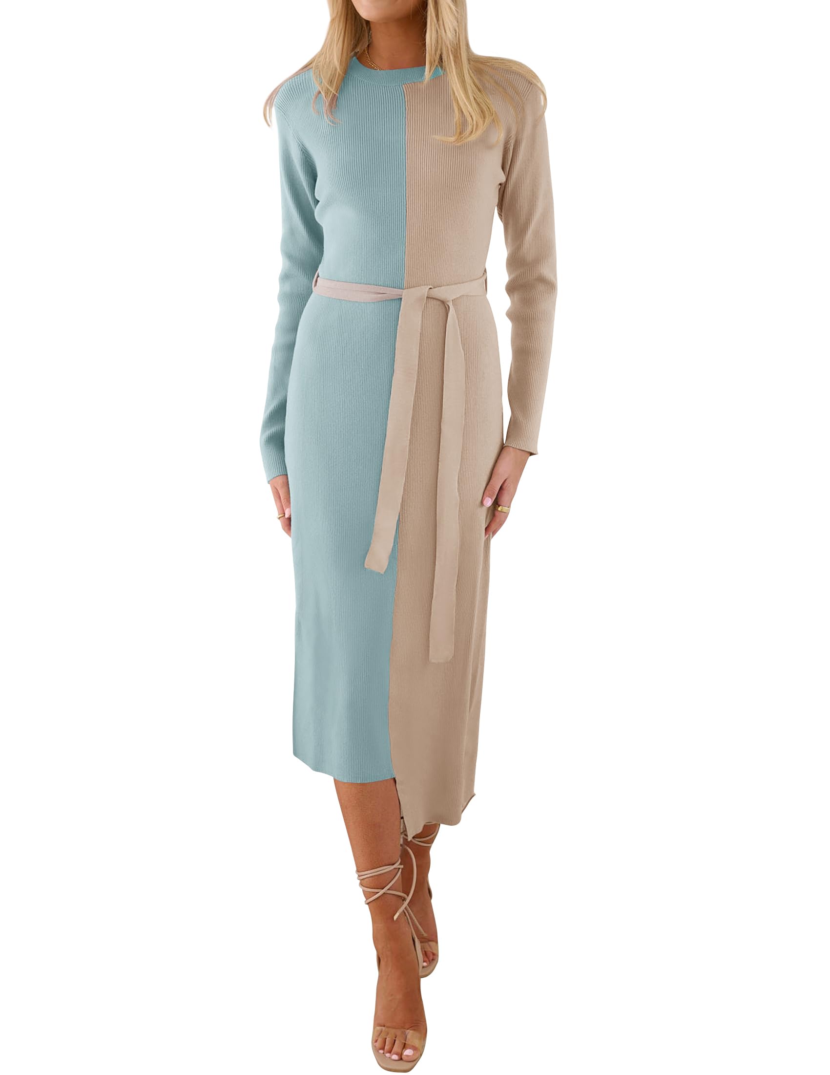 Luxuii Long Sleeve Crewneck Tie Waist Ribbed Midi Dress