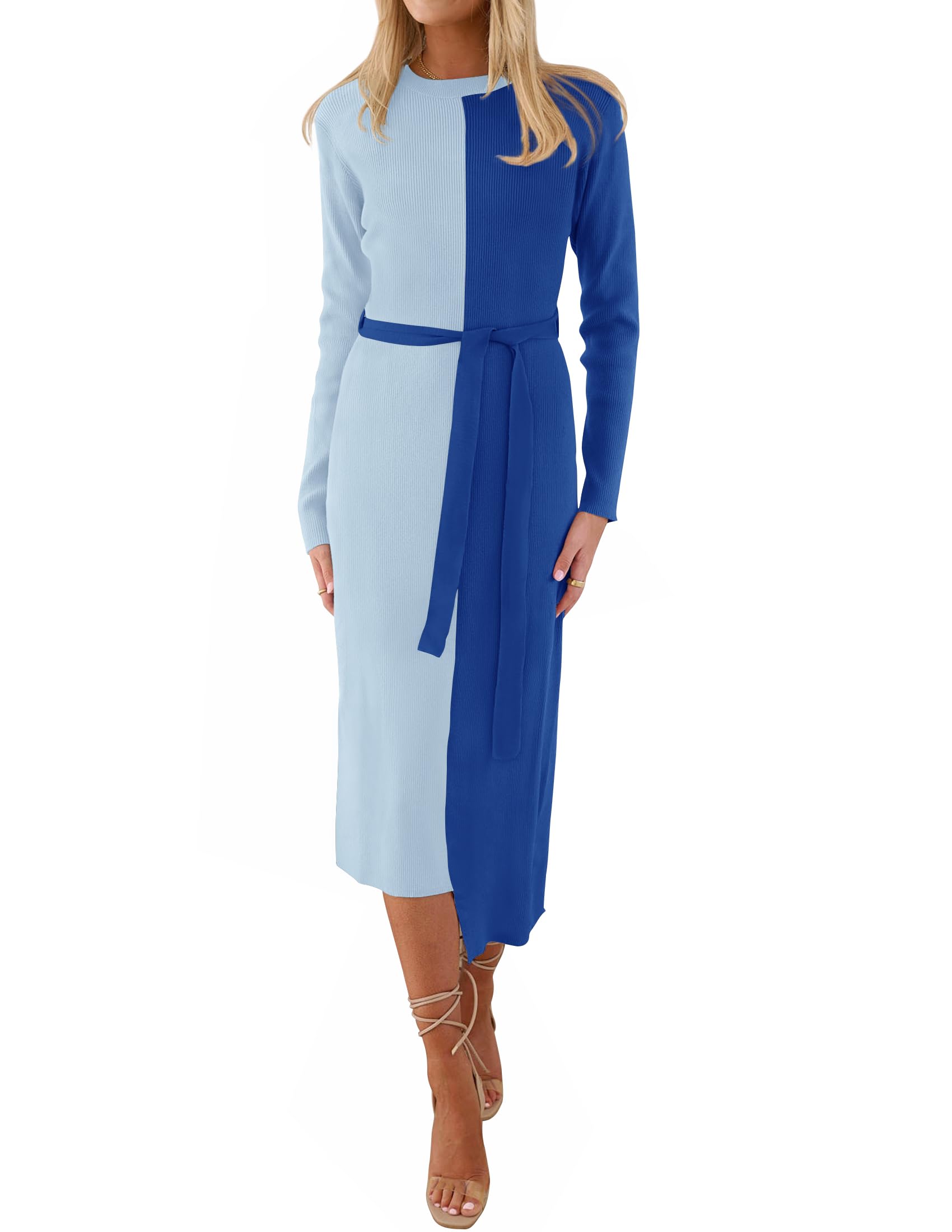 Luxuii Long Sleeve Crewneck Tie Waist Ribbed Midi Dress