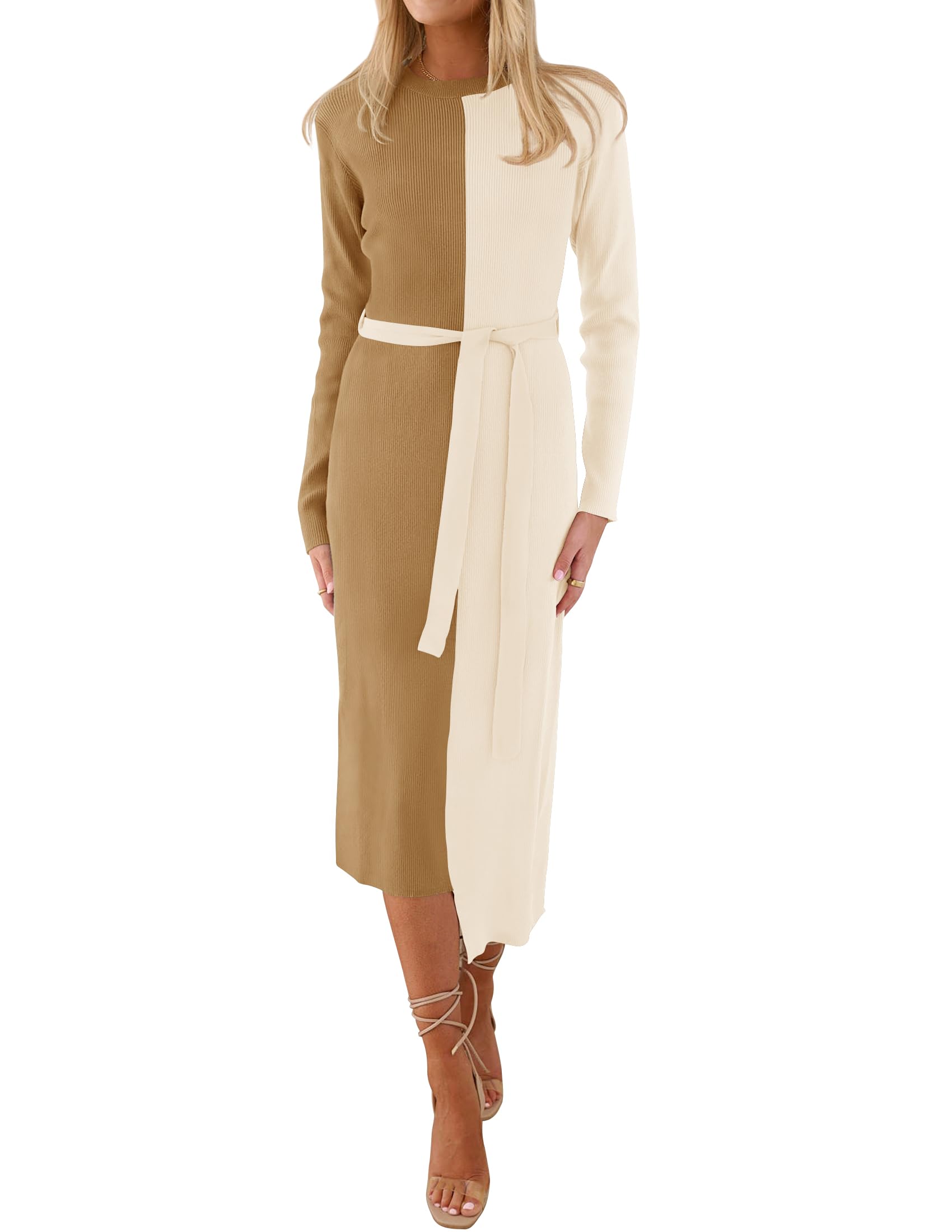 Luxuii Long Sleeve Crewneck Tie Waist Ribbed Midi Dress