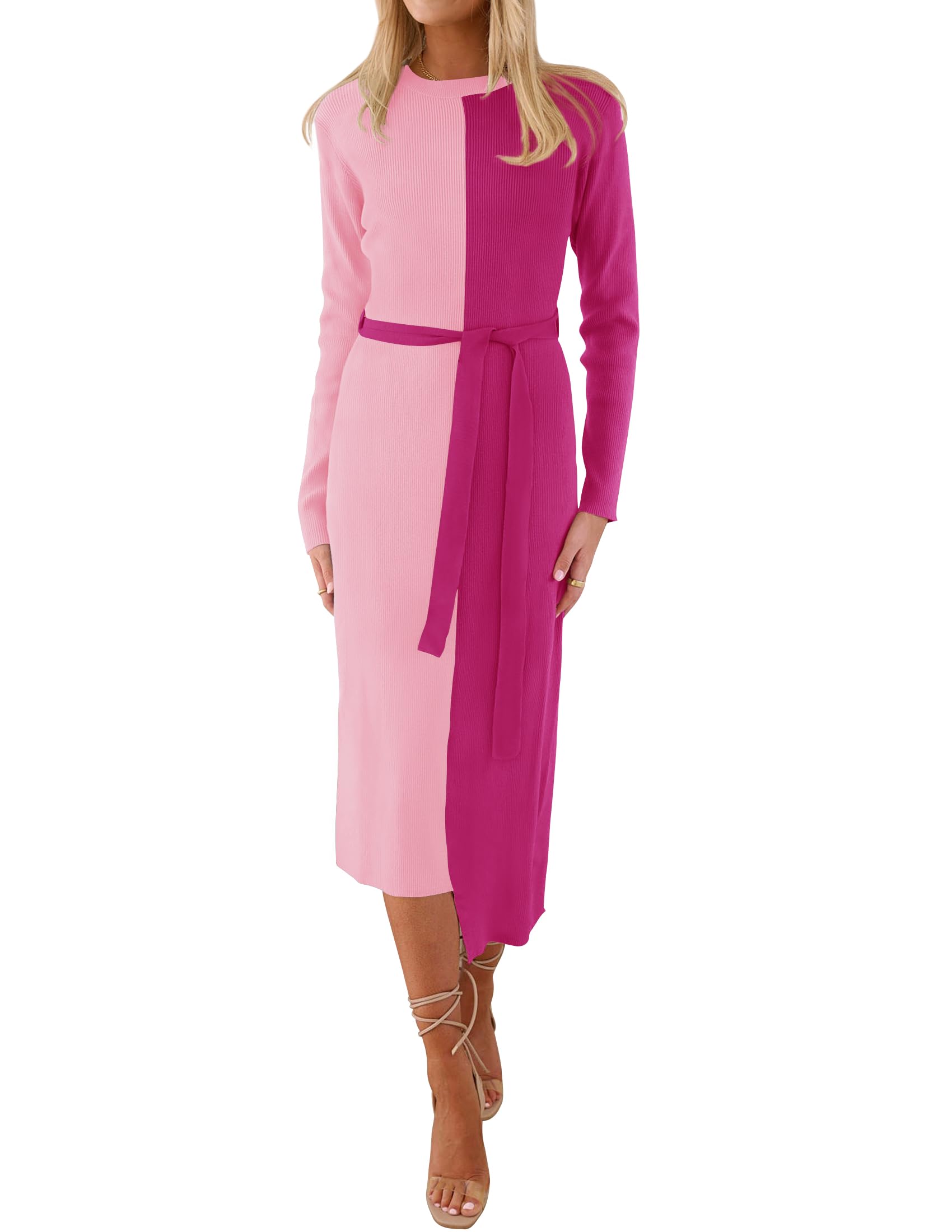 Luxuii Long Sleeve Crewneck Tie Waist Ribbed Midi Dress