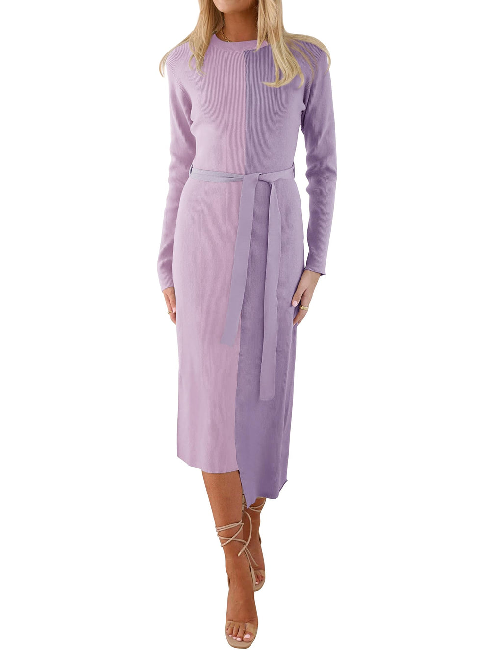 Luxuii Long Sleeve Crewneck Tie Waist Ribbed Midi Dress