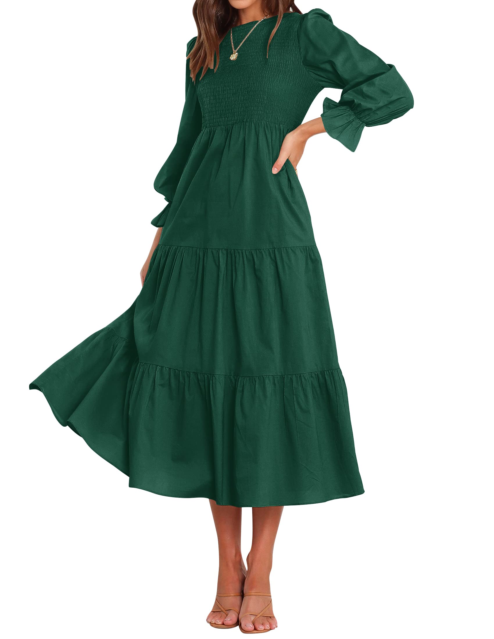 Luxuii Long Sleeve Elastic Waist Smocked Flowy Tiered Midi Dress