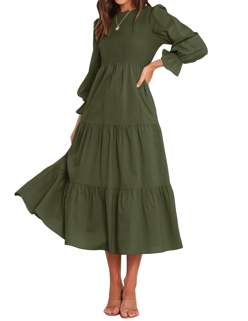 Luxuii Long Sleeve Elastic Waist Smocked Flowy Tiered Midi Dress