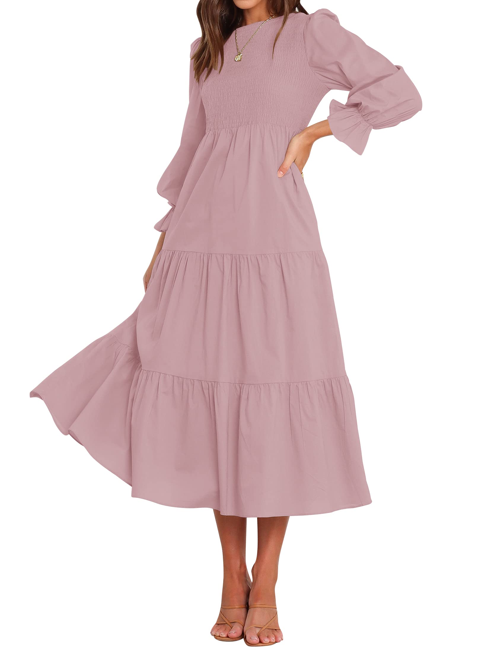 Luxuii Long Sleeve Elastic Waist Smocked Flowy Tiered Midi Dress