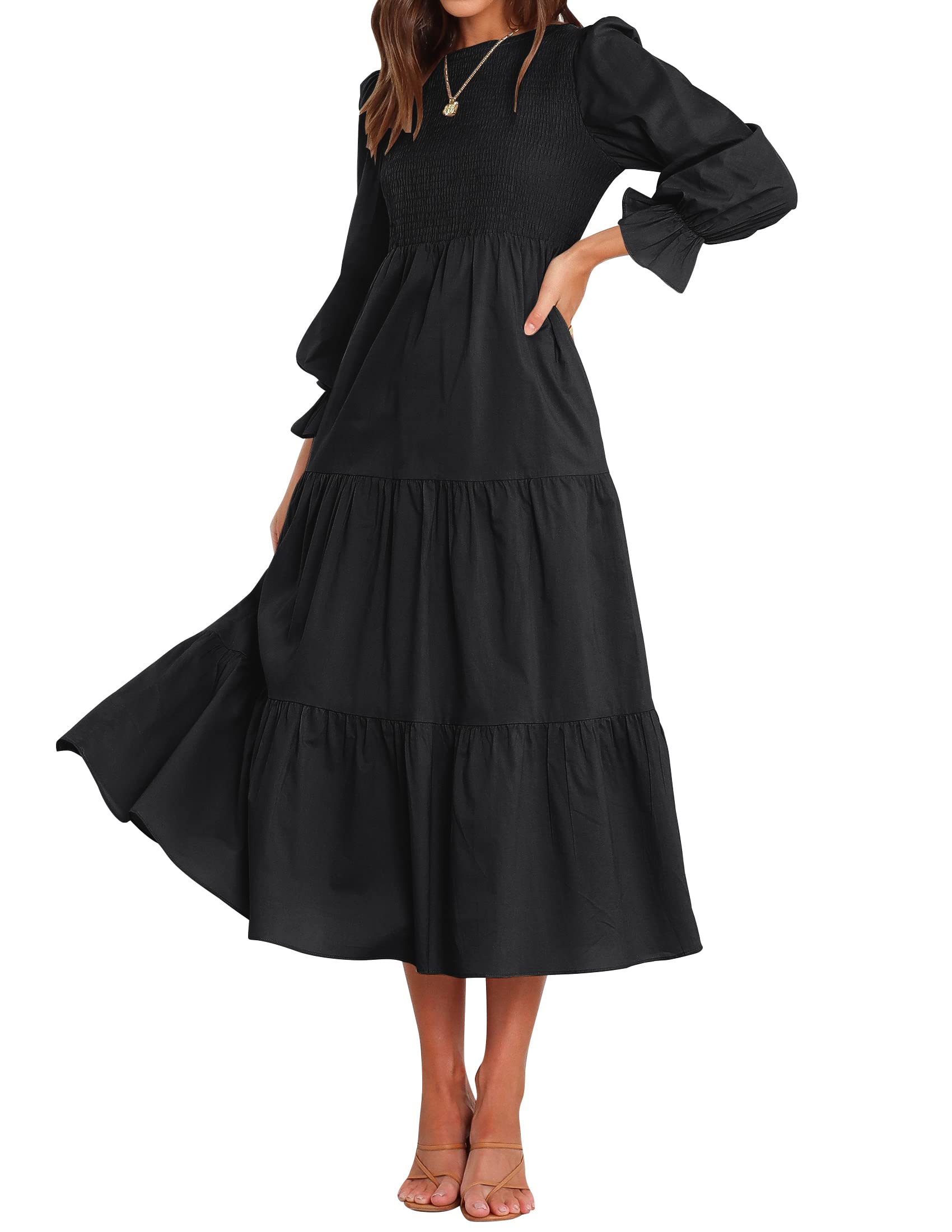 Luxuii Long Sleeve Elastic Waist Smocked Flowy Tiered Midi Dress