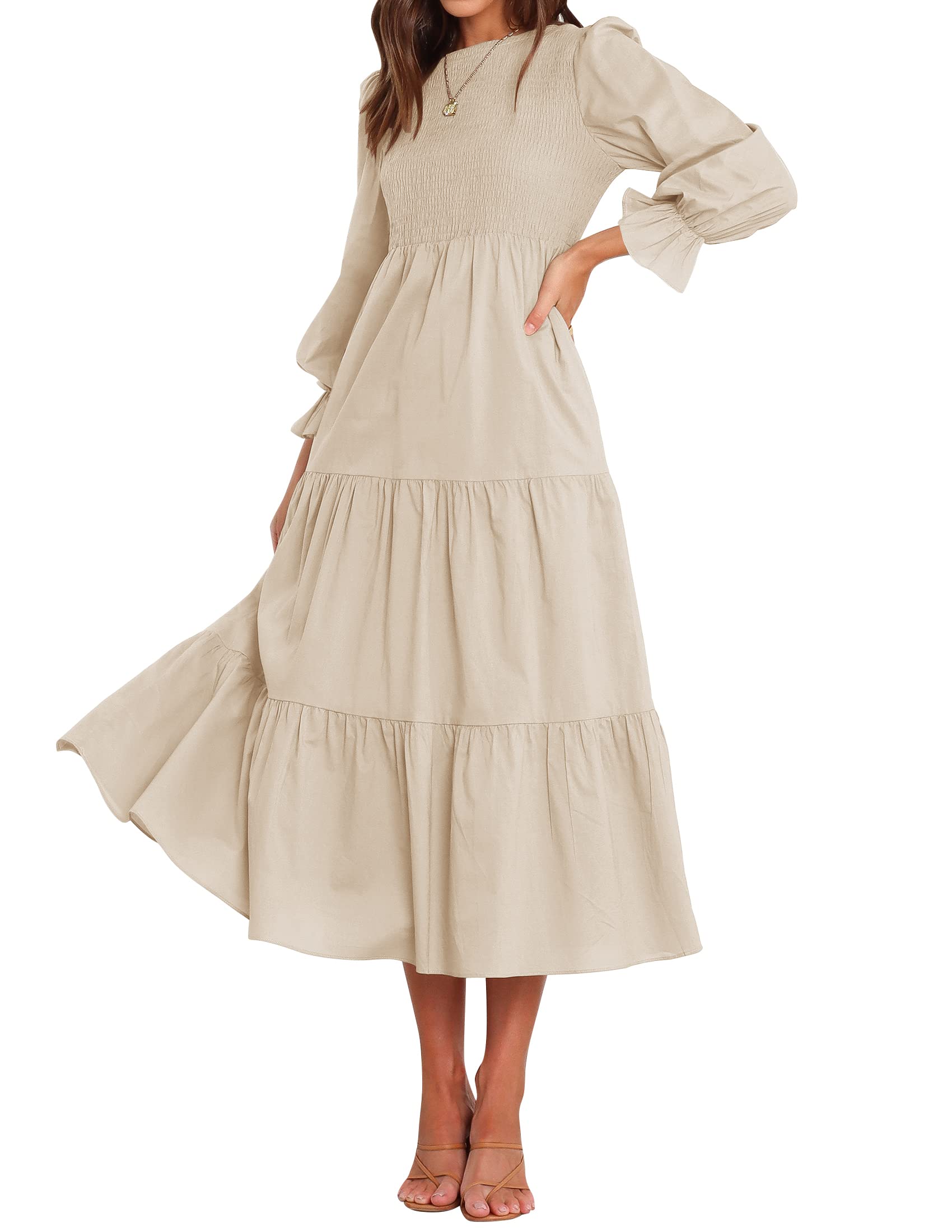 Luxuii Long Sleeve Elastic Waist Smocked Flowy Tiered Midi Dress