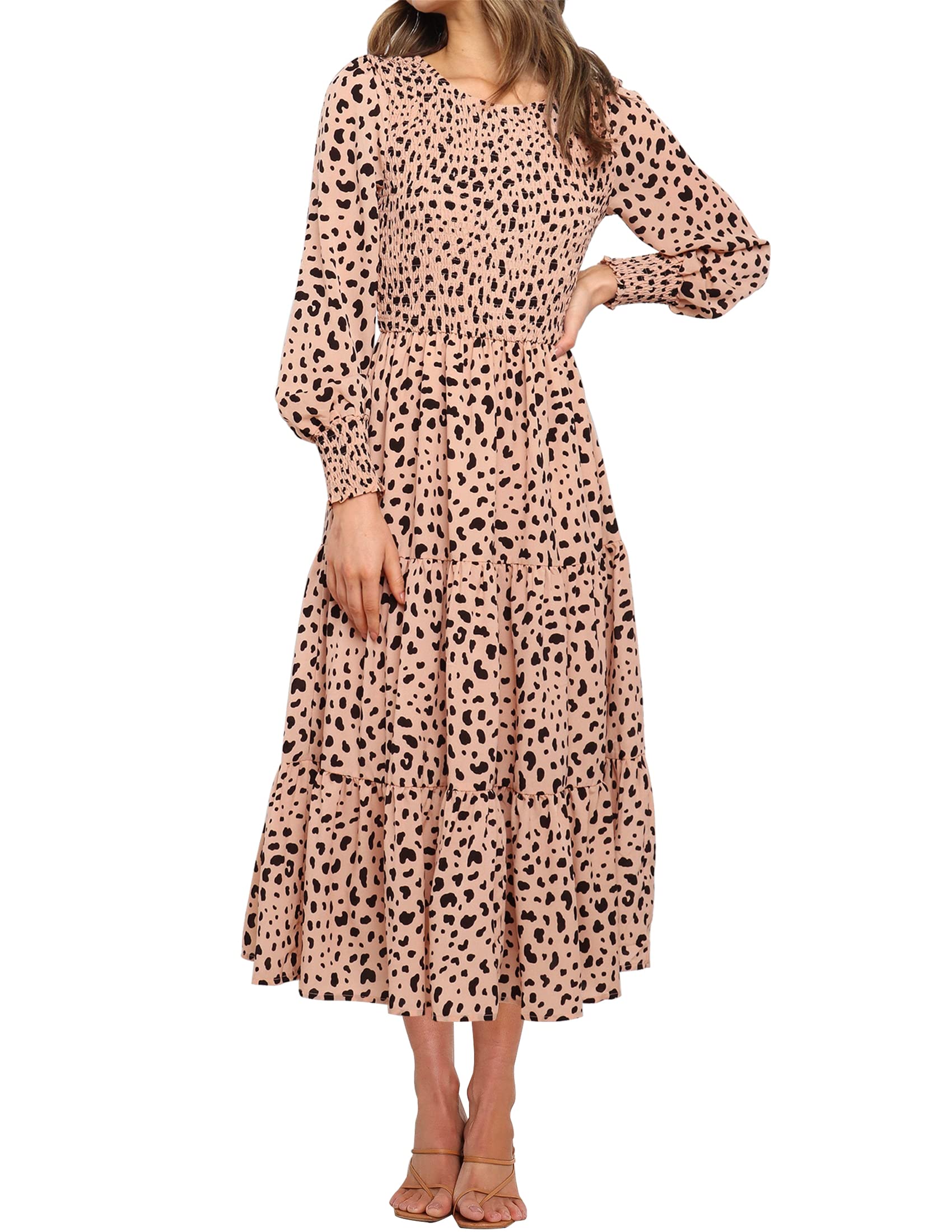 Luxuii Long Sleeve Elastic Waist Smocked Flowy Tiered Midi Dress