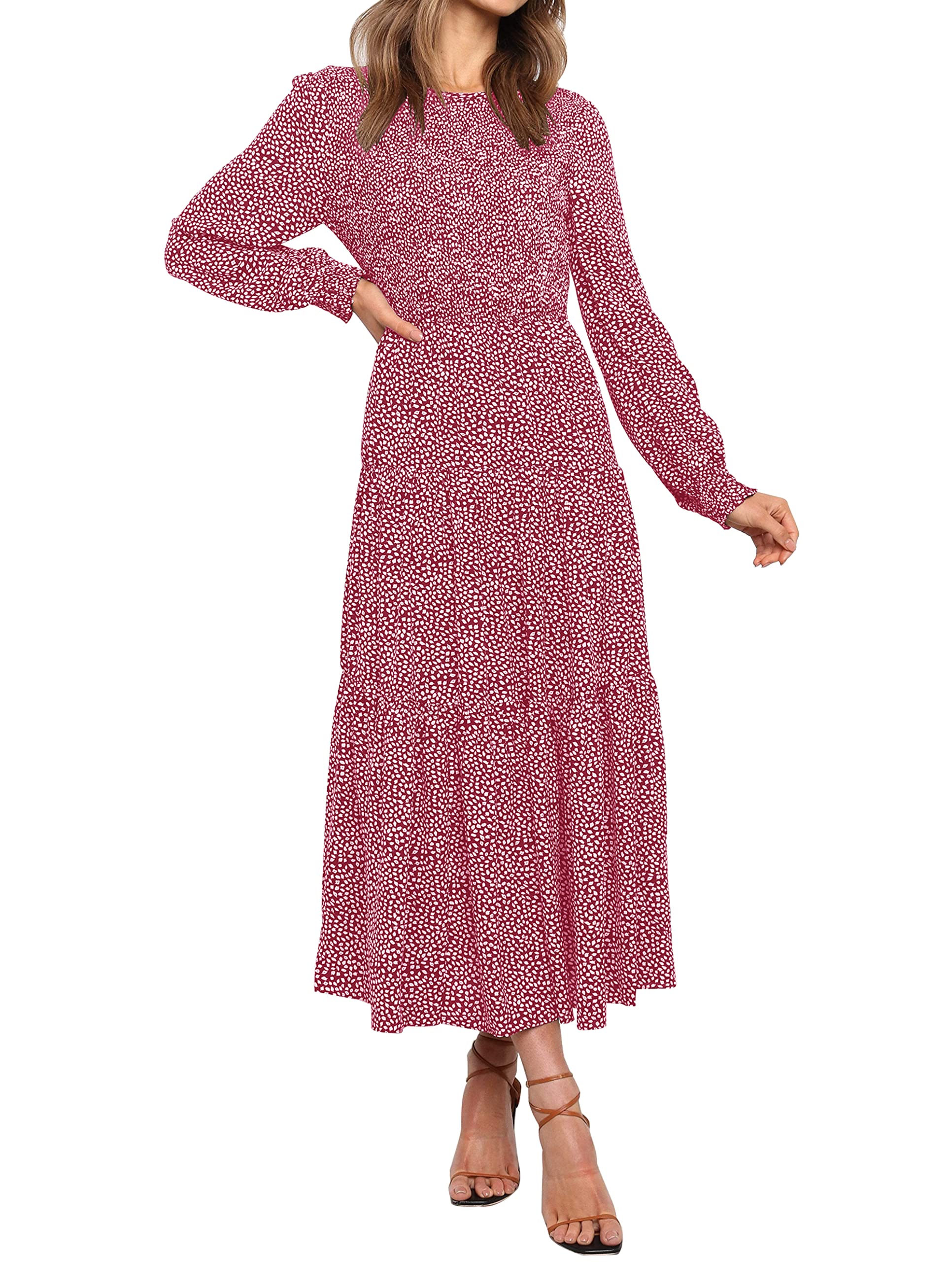 Luxuii Long Sleeve Elastic Waist Smocked Flowy Tiered Midi Dress