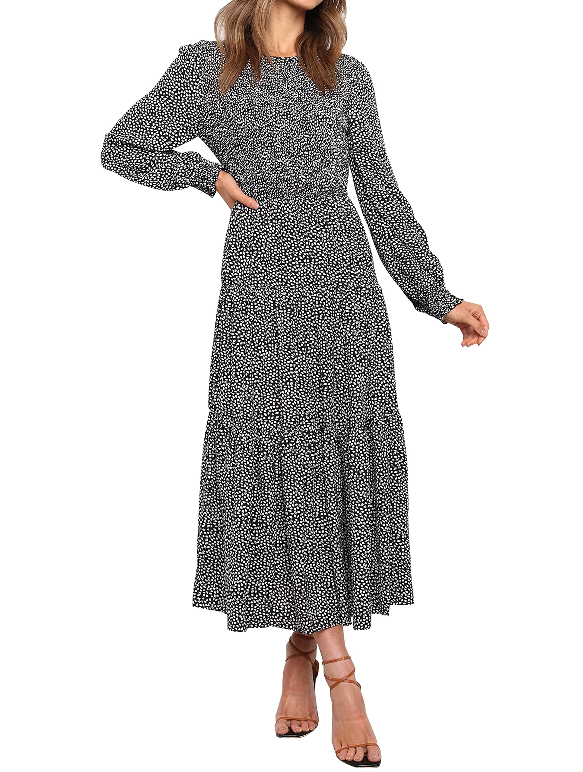 Luxuii Long Sleeve Elastic Waist Smocked Flowy Tiered Midi Dress